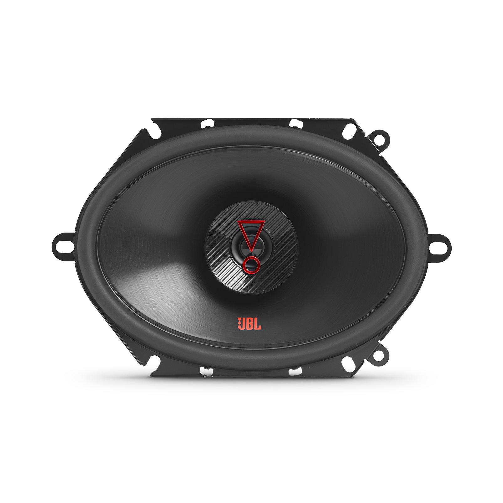 Ein schwarzer Autolautsprecher mit rotem JBL-Logo. Der Lautsprecher ist oval und hat einen schwarzen Rahmen und Konus.