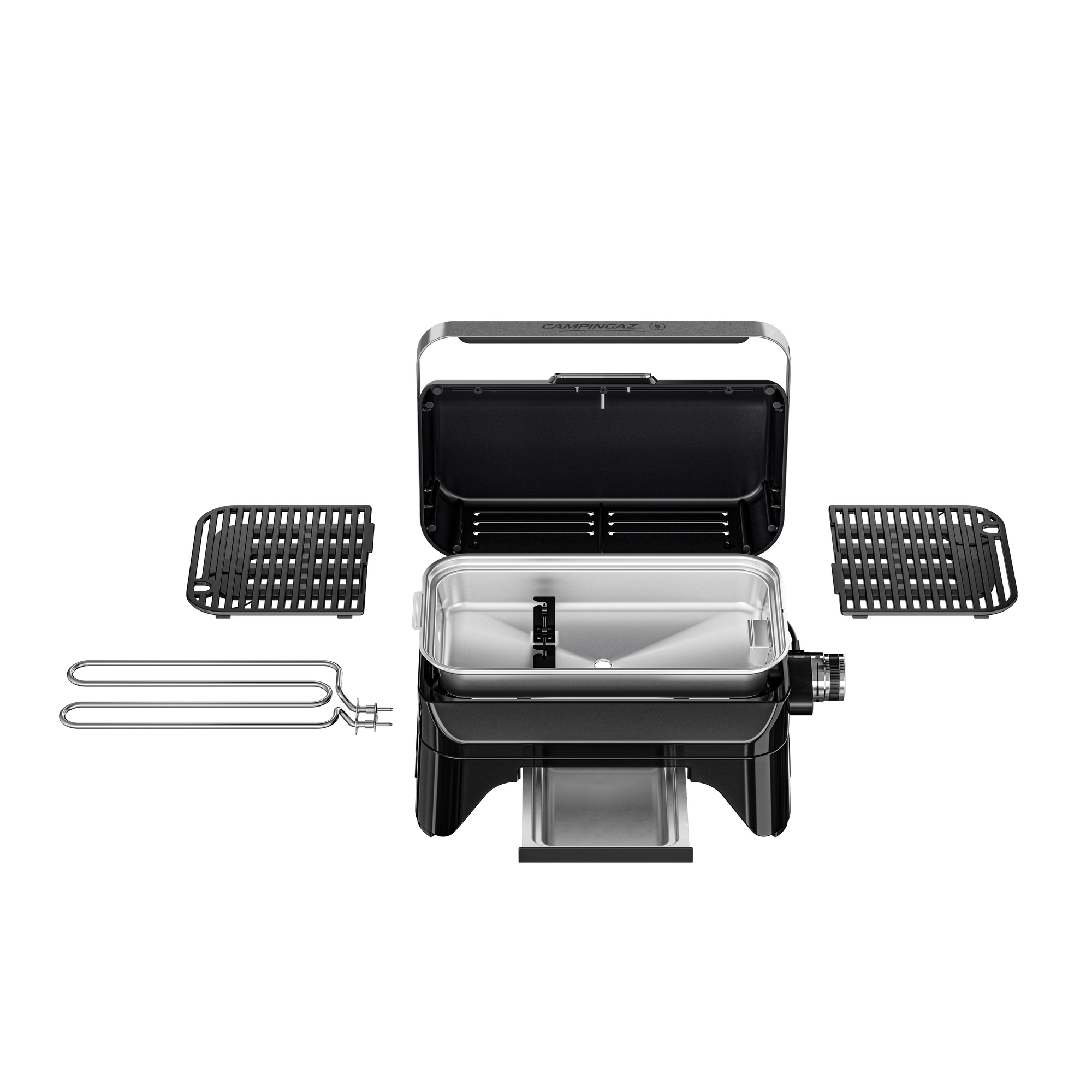 Schwarzer und silberner tragbarer Grill mit offenem Deckel, Rosten und Heizelement auf weißem Hintergrund.