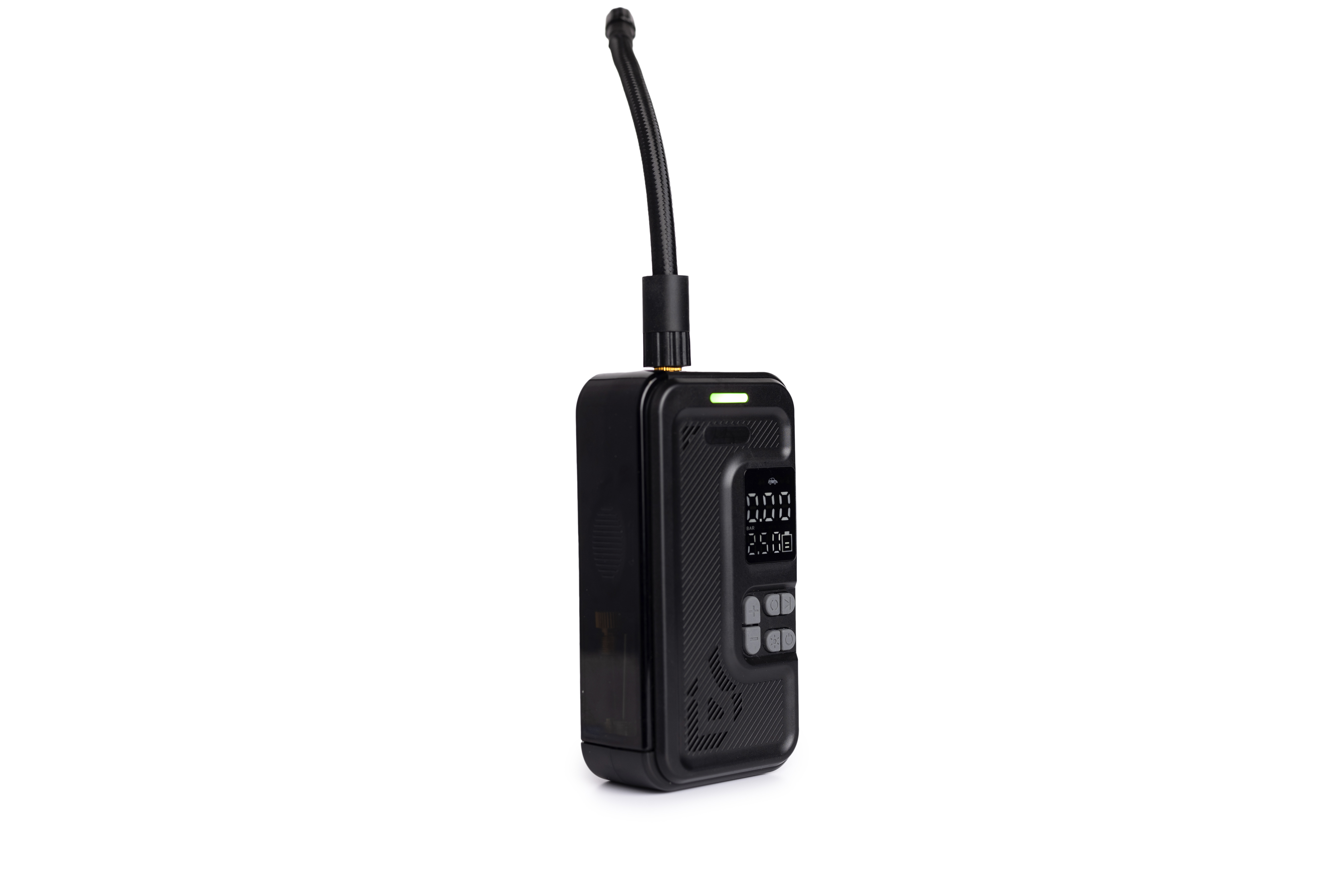 Een zwart, rechthoekig apparaat met een flexibele antenne en digitaal display. Knoppen aan de zijkant. Geïsoleerd op wit.