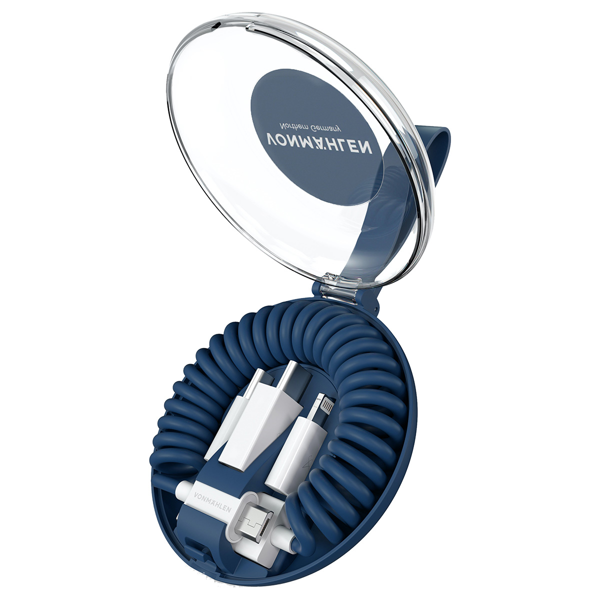 Custodia da viaggio blu aperta con cavo di ricarica a spirale e connettori bianchi. Coperchio trasparente con testo rovesciato. 'VONMÄHLEN' sulla custodia.