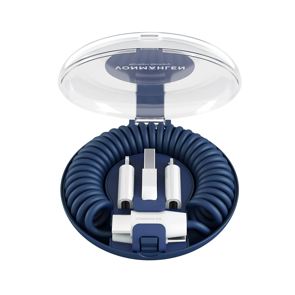 Custodia blu aperta con cavo a spirale e connettori. La custodia è aperta, mostrando in dettaglio il cavo e i connettori su sfondo bianco.