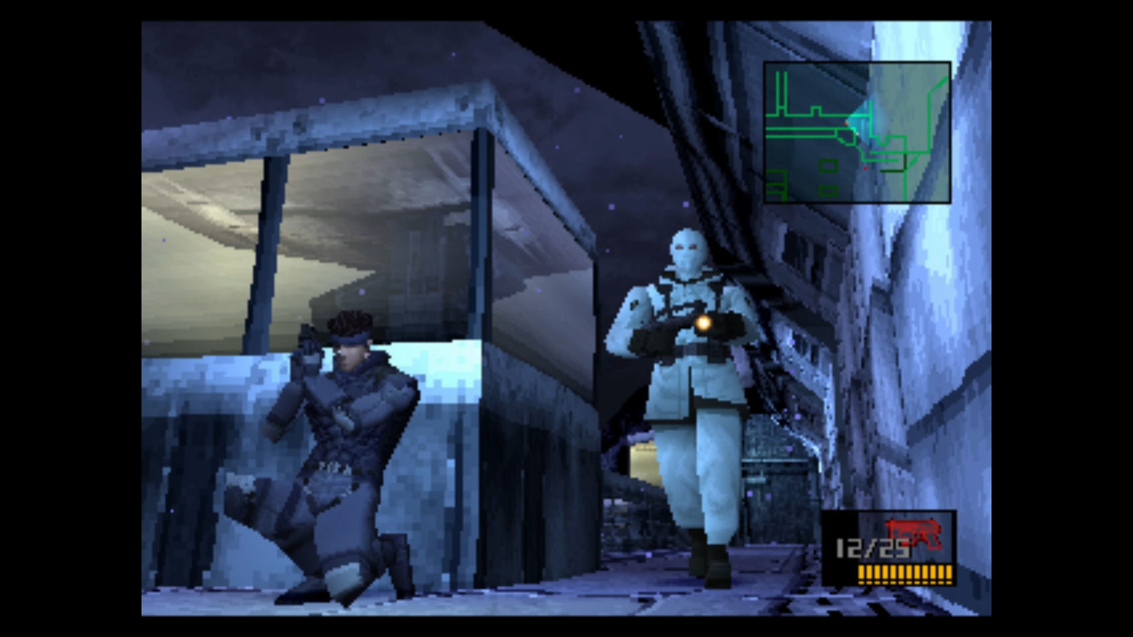 Un soldado se arrodilla, apuntando con un arma. Otro soldado camina hacia adelante, sosteniendo un arma. Un mapa e información del juego están en la esquina.