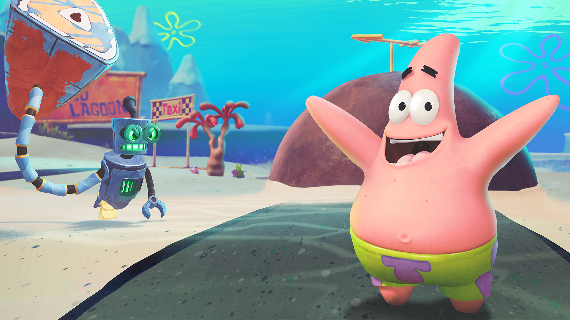 Patrick Star mit offenen Armen, Roboter und Hintergrund eines Strandes mit Palmen und einem Schild mit der Aufschrift 'Taxi'.