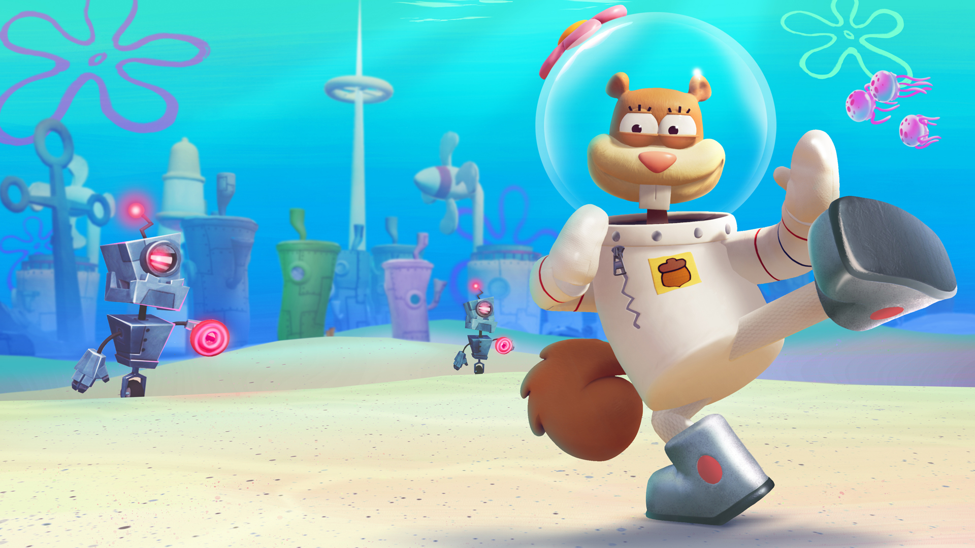 Sandy Cheeks in einem Unterwasser-Raumanzug. Roboter und Gebäude befinden sich im Hintergrund, Quallen fliegen vorbei.
