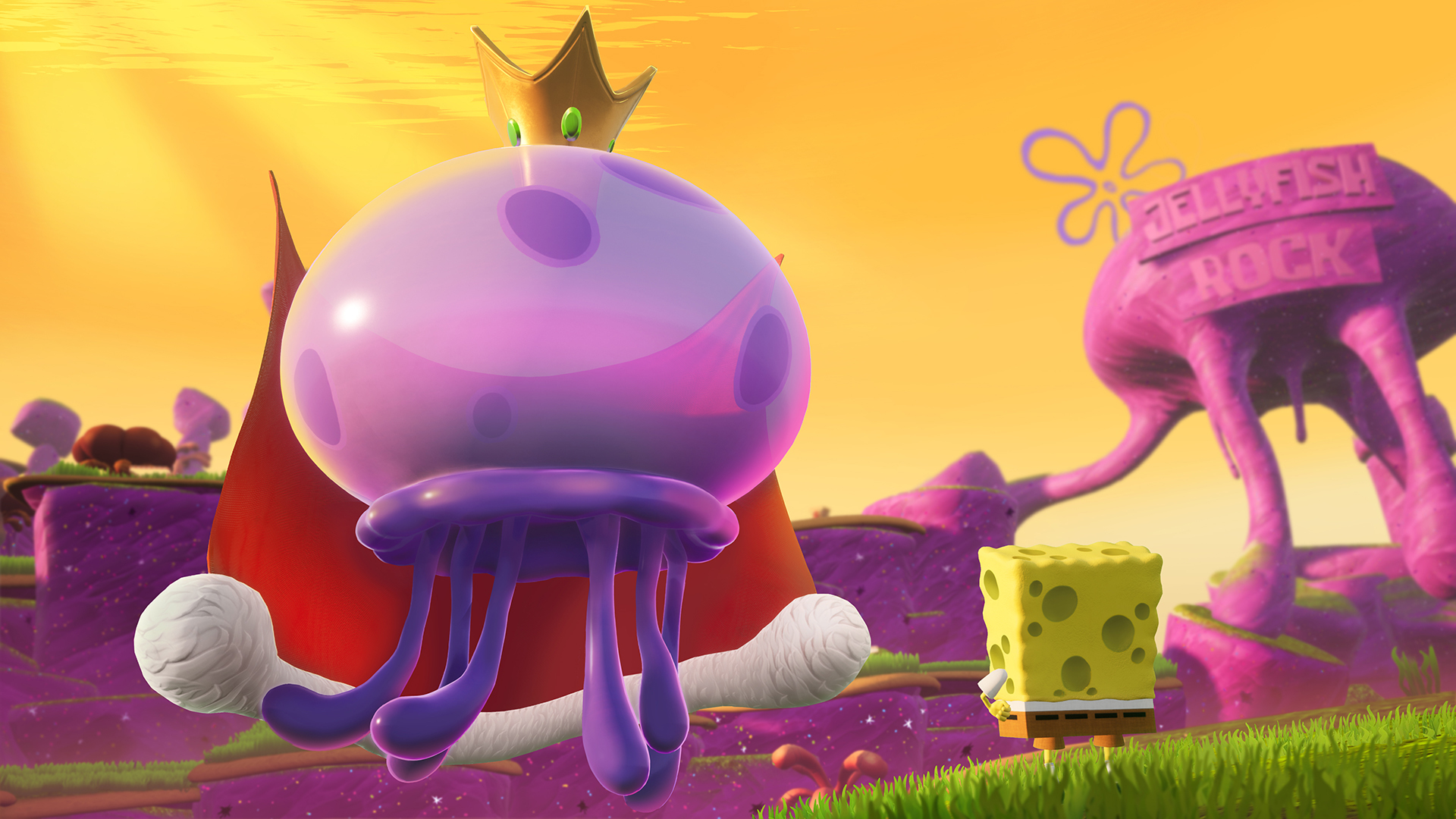 Eine Zeichentrickszene mit einer gekrönten Qualle, SpongeBob und einem Schild "Jellyfish Rock" in einer lebendigen, surrealen Landschaft.