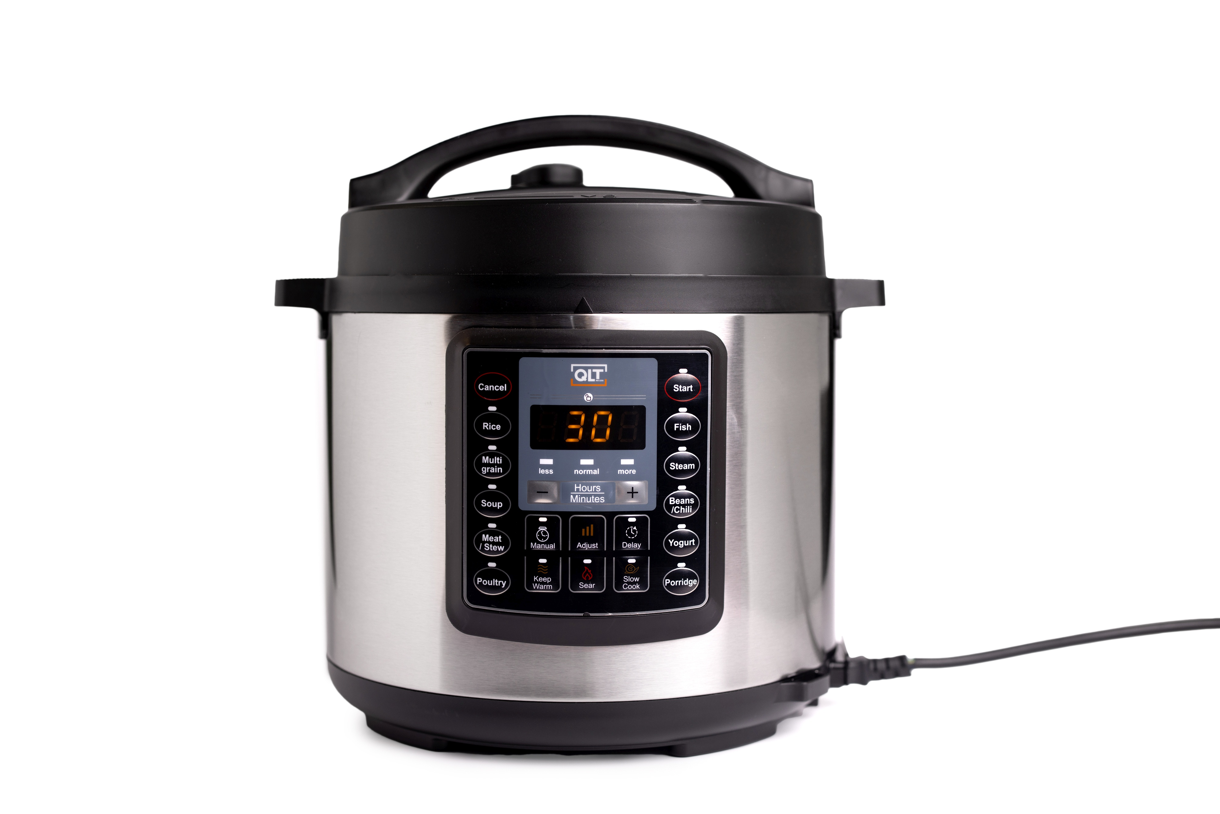 A silver and black electric pressure cooker. It has a digital display and various cooking function buttons.