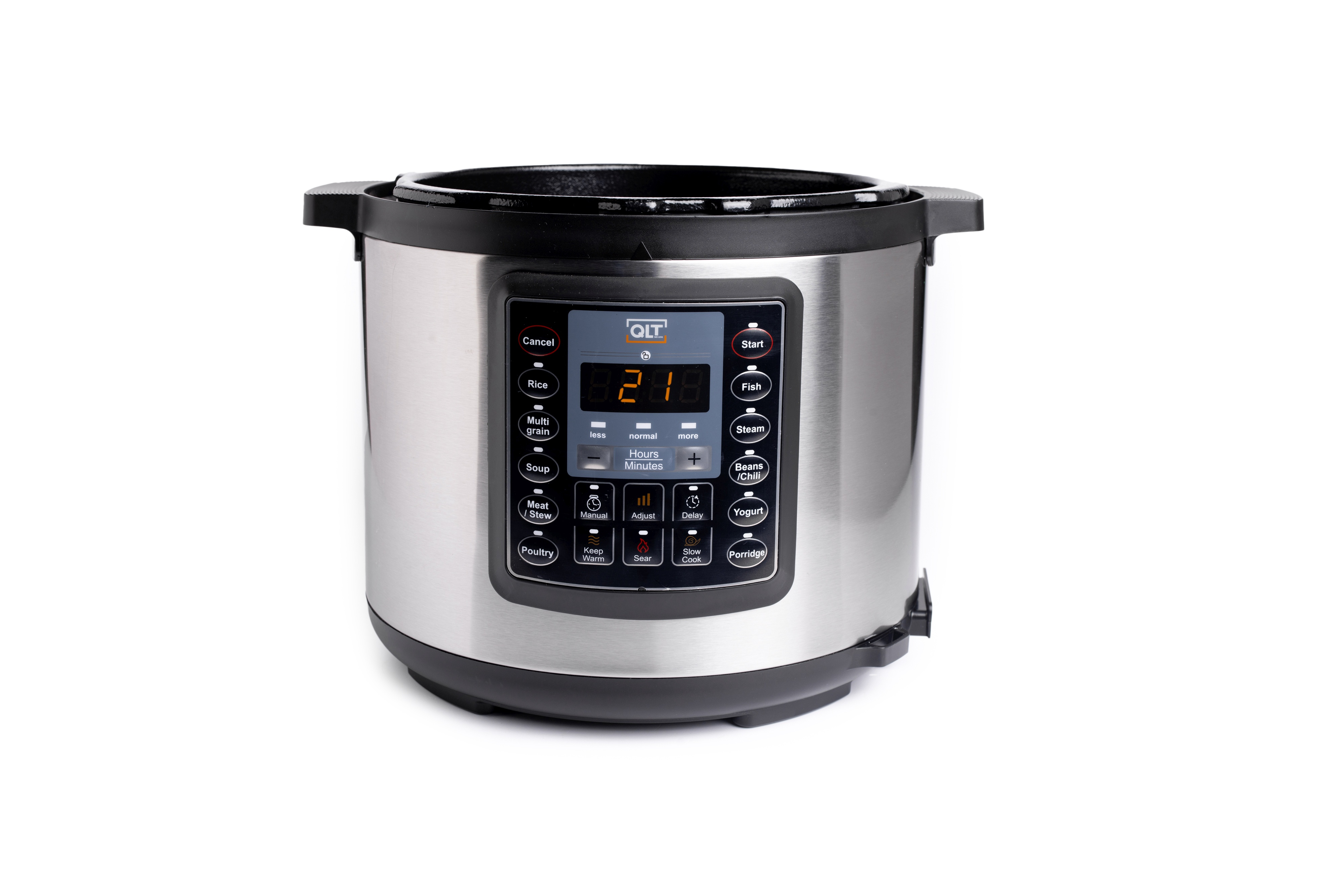 A silver and black electric pressure cooker on a white surface with buttons and a digital display.
