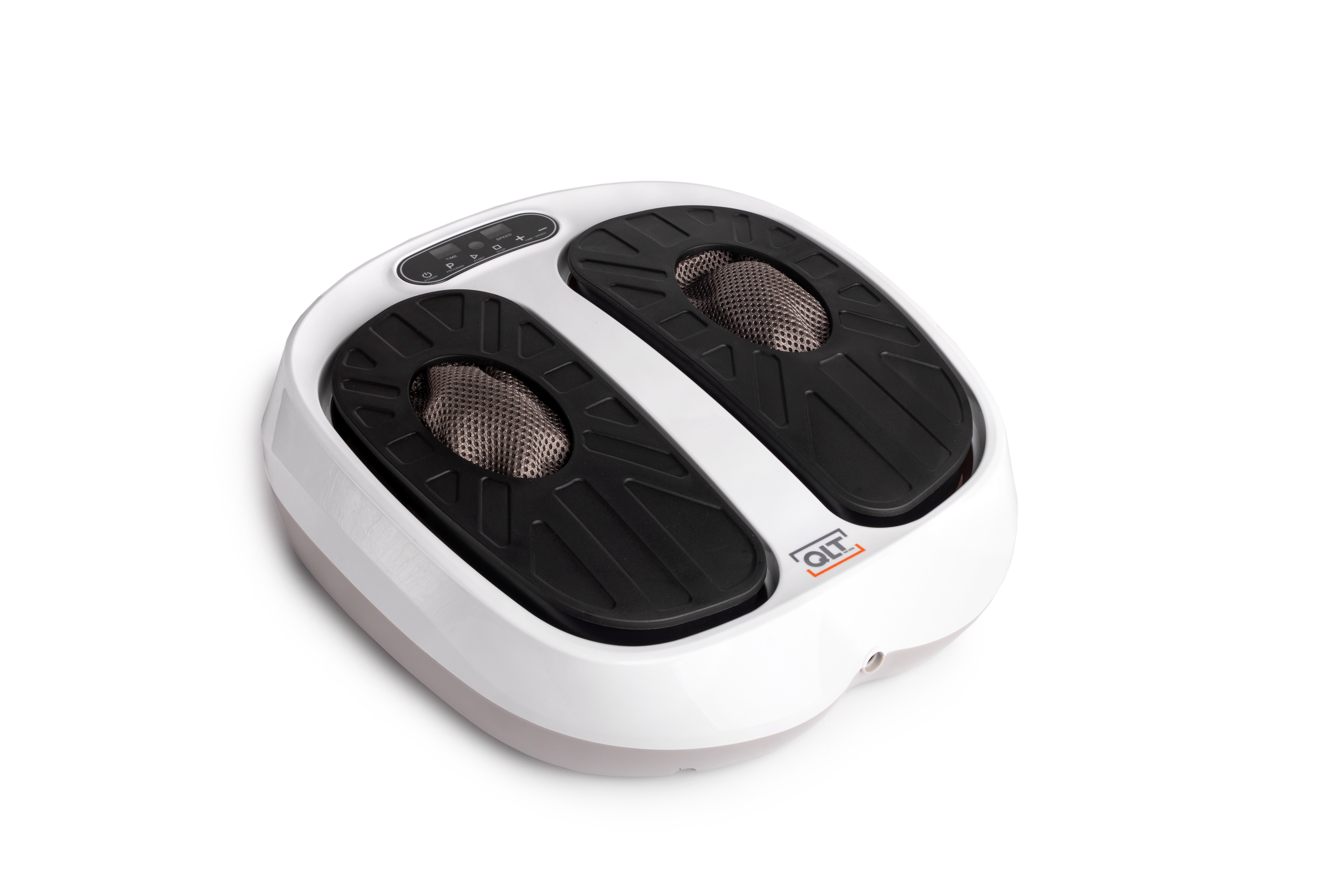 A white and grey foot massager with black foot pads and a control panel, isolated on a white background.