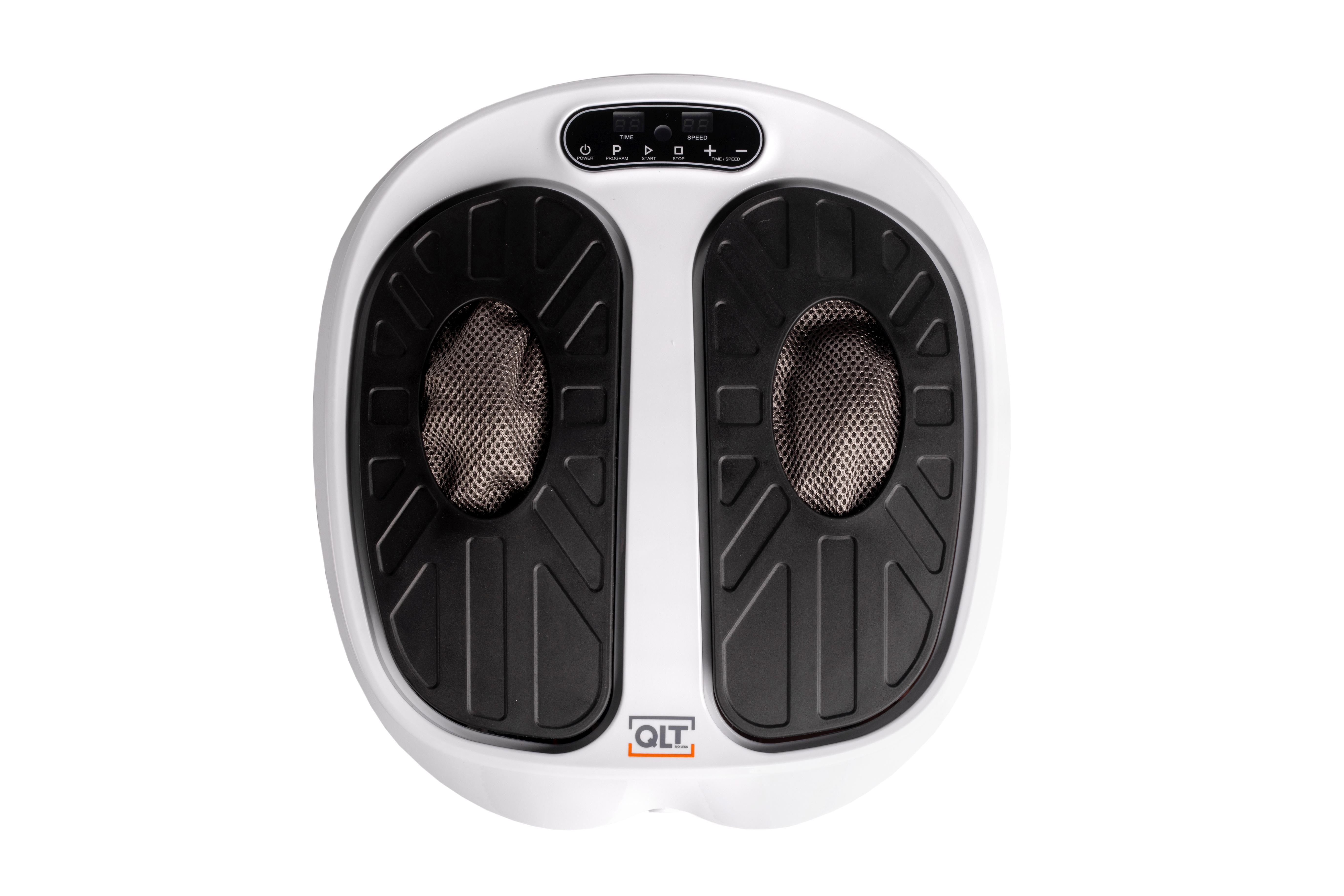 A white foot massager with two black foot pads, control panel on top, and the brand name 'QLT' at the bottom.