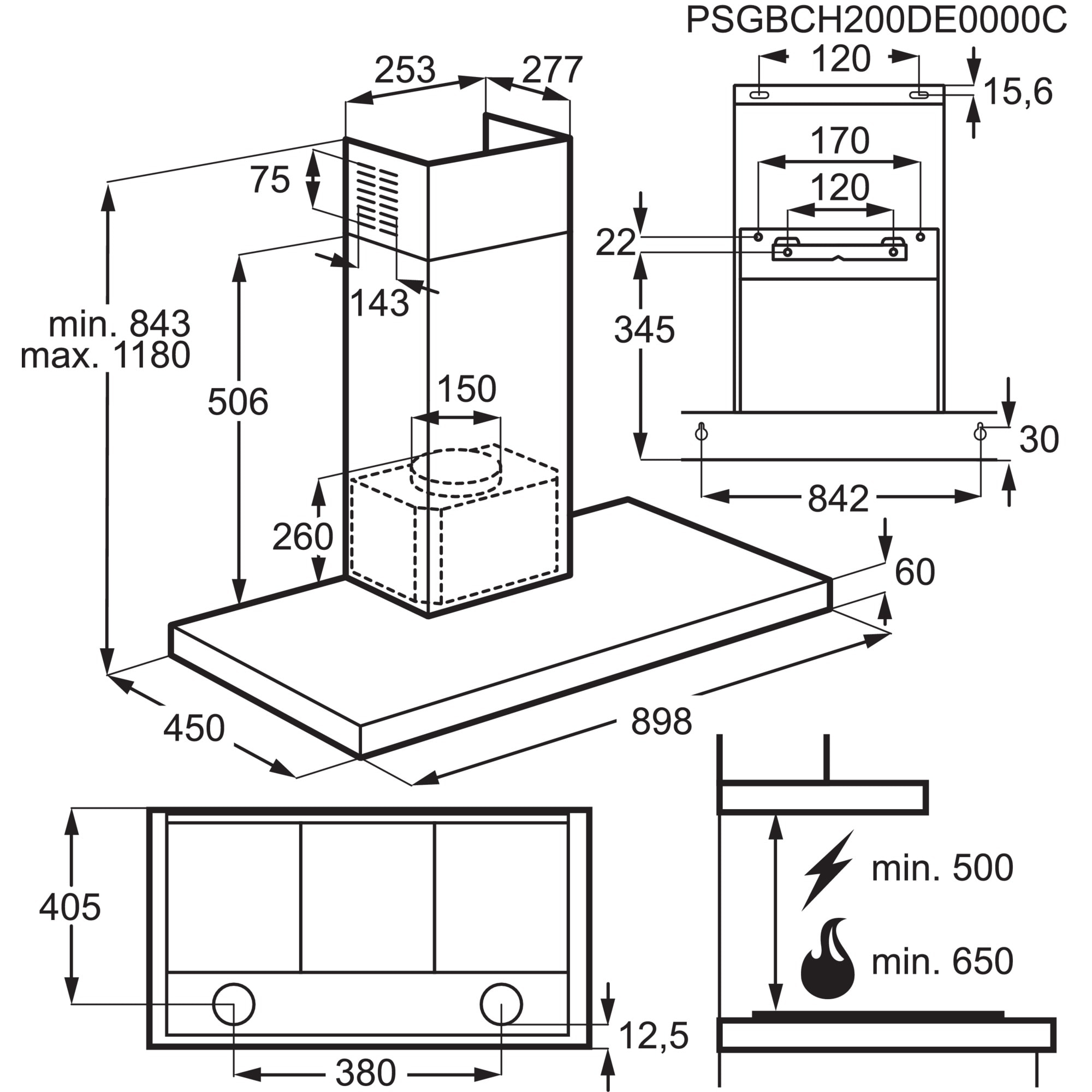 Disegno tecnico di una cappa da cucina. Dimensioni ed etichette sono in nero. Contiene una cappa, dimensioni e misure.