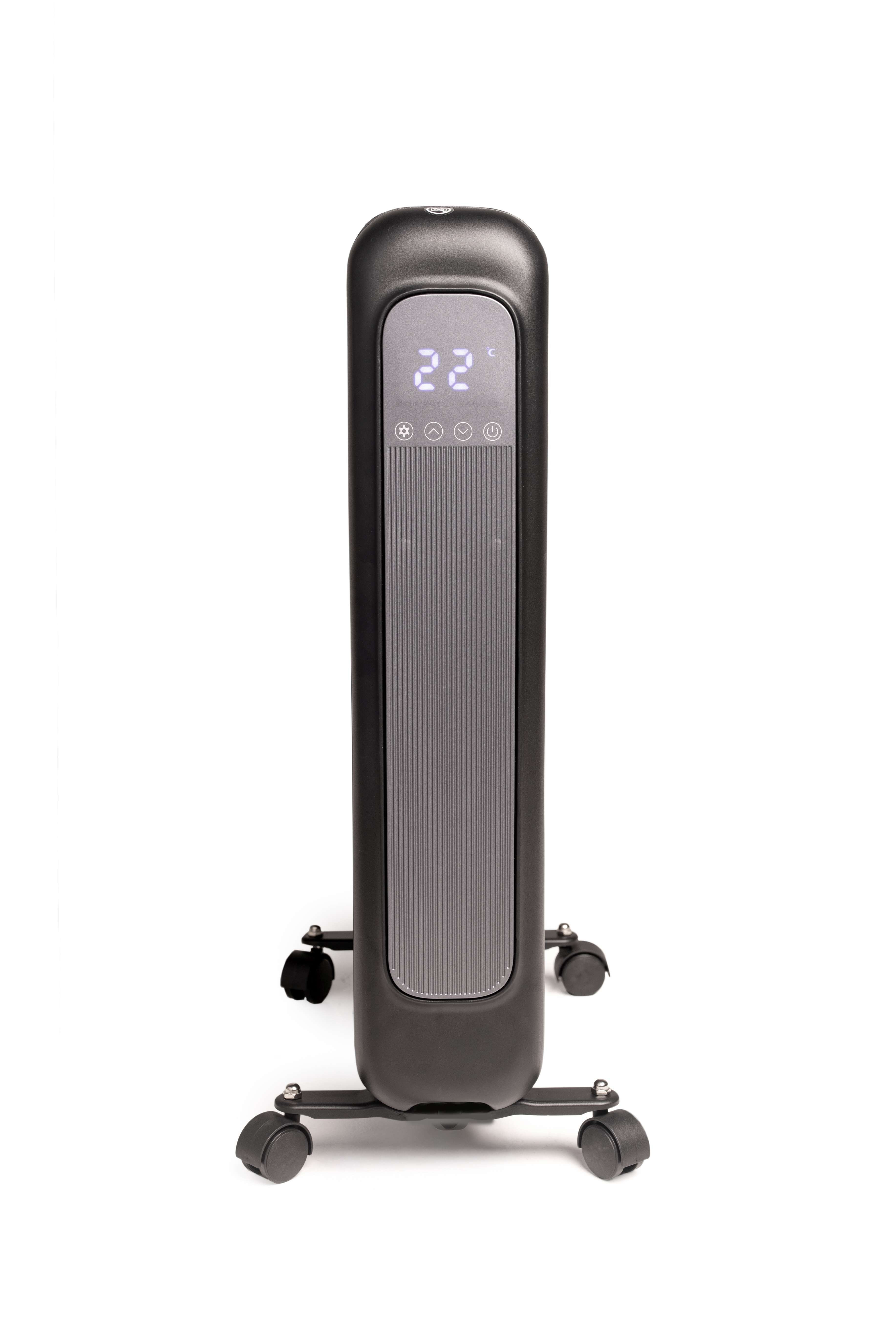 A black electric heater with a digital display showing 22 degrees. It has wheels for mobility.