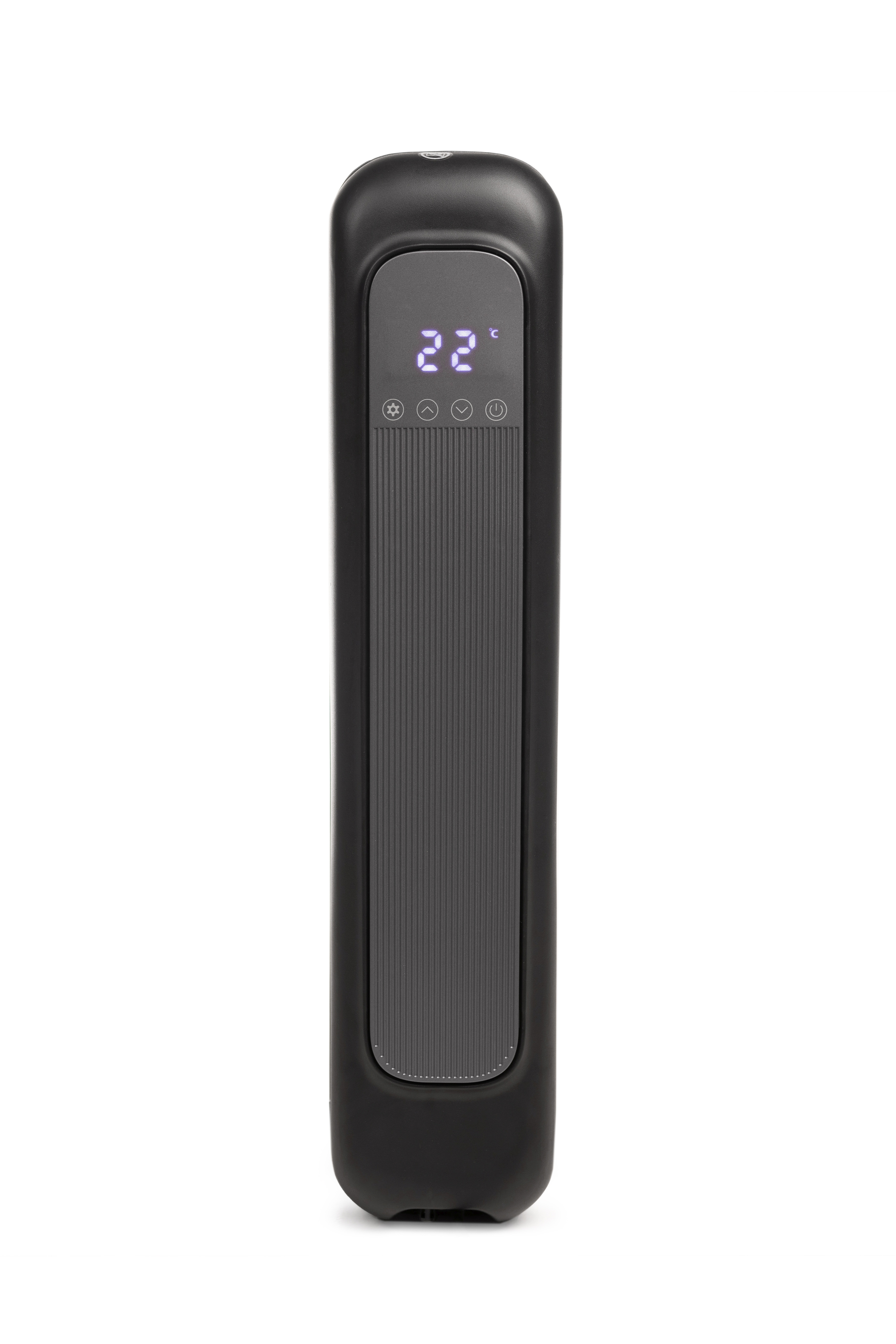 A black, vertical air purifier. It has a digital display showing 22 degrees. The background is white.