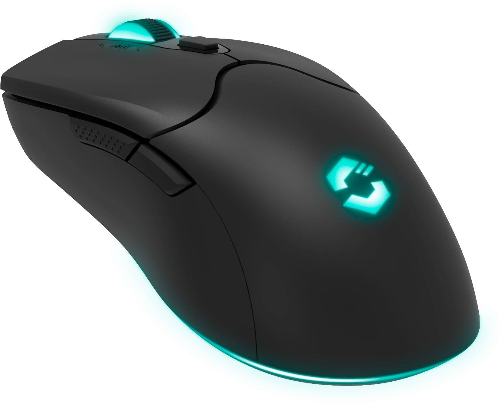 Czarna mysz do gier z podświetlanym na turkusowo kółkiem przewijania, logo i podstawą. Posiada boczne przyciski i elegancki design.