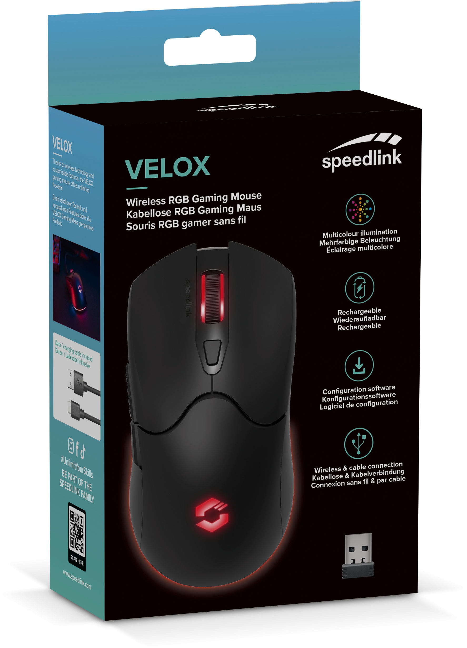Czarna mysz do gier na pudełku. Cechy to RGB, bezprzewodowa i ładowalna. Marka to Speedlink.