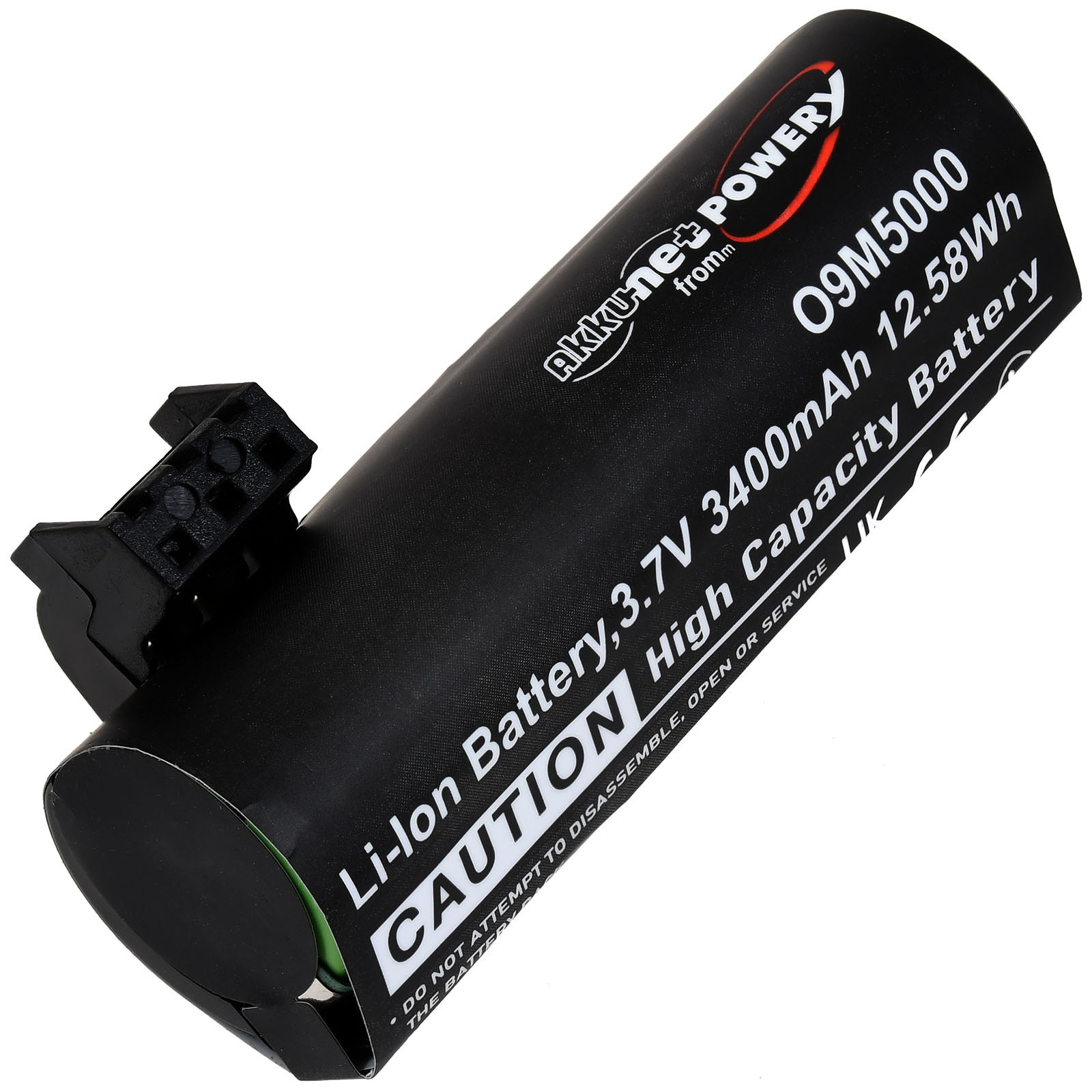 Eine schwarze Batterie mit weißem Text. Es ist ein schwarzes Plastikteil befestigt. Der Text lautet 'Akkune+ Powery'.