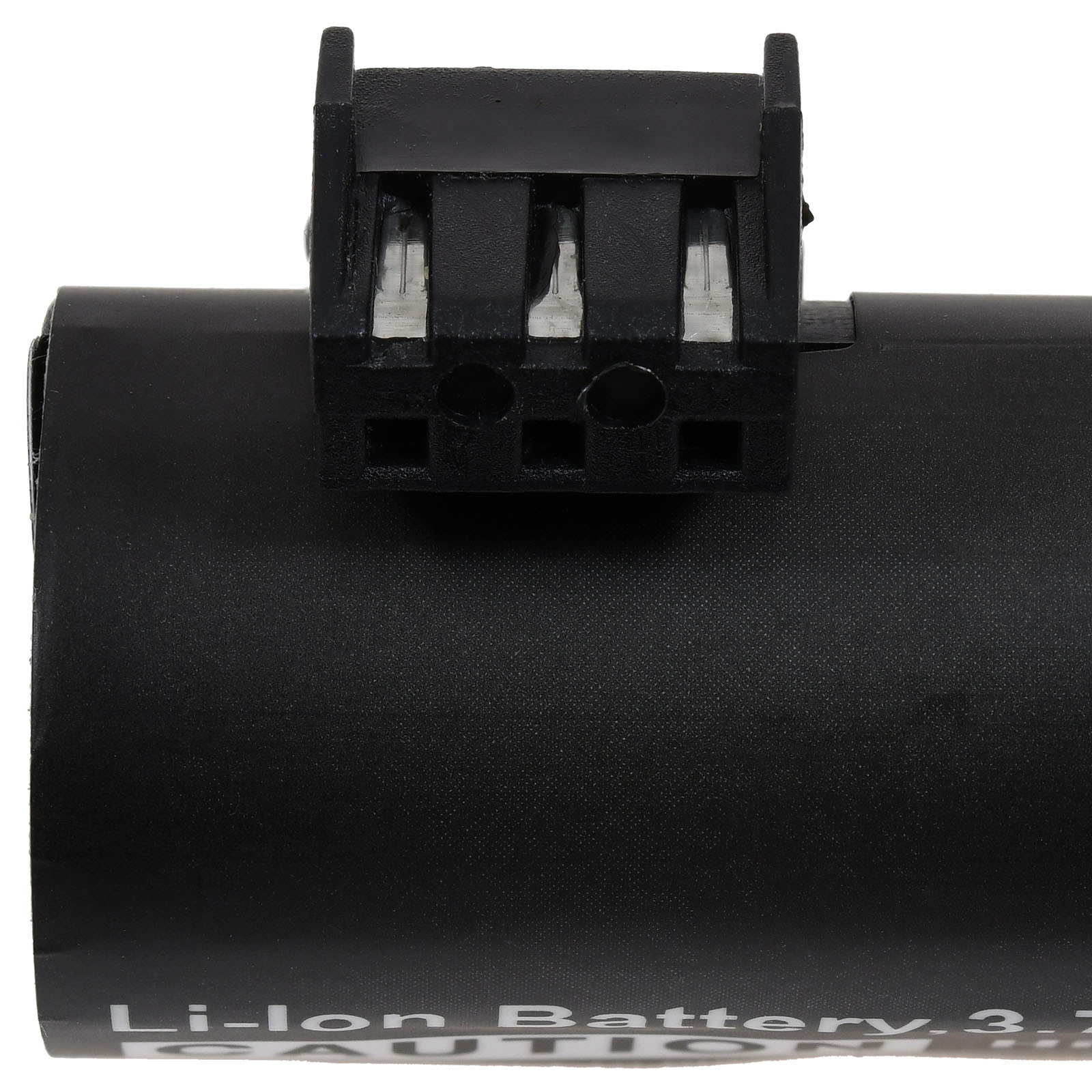 Nahaufnahme einer schwarzen Li-Ionen-Batterie mit einem schwarzen Stecker oben. Der Text 'Li-ion Battery 3.7' ist sichtbar.