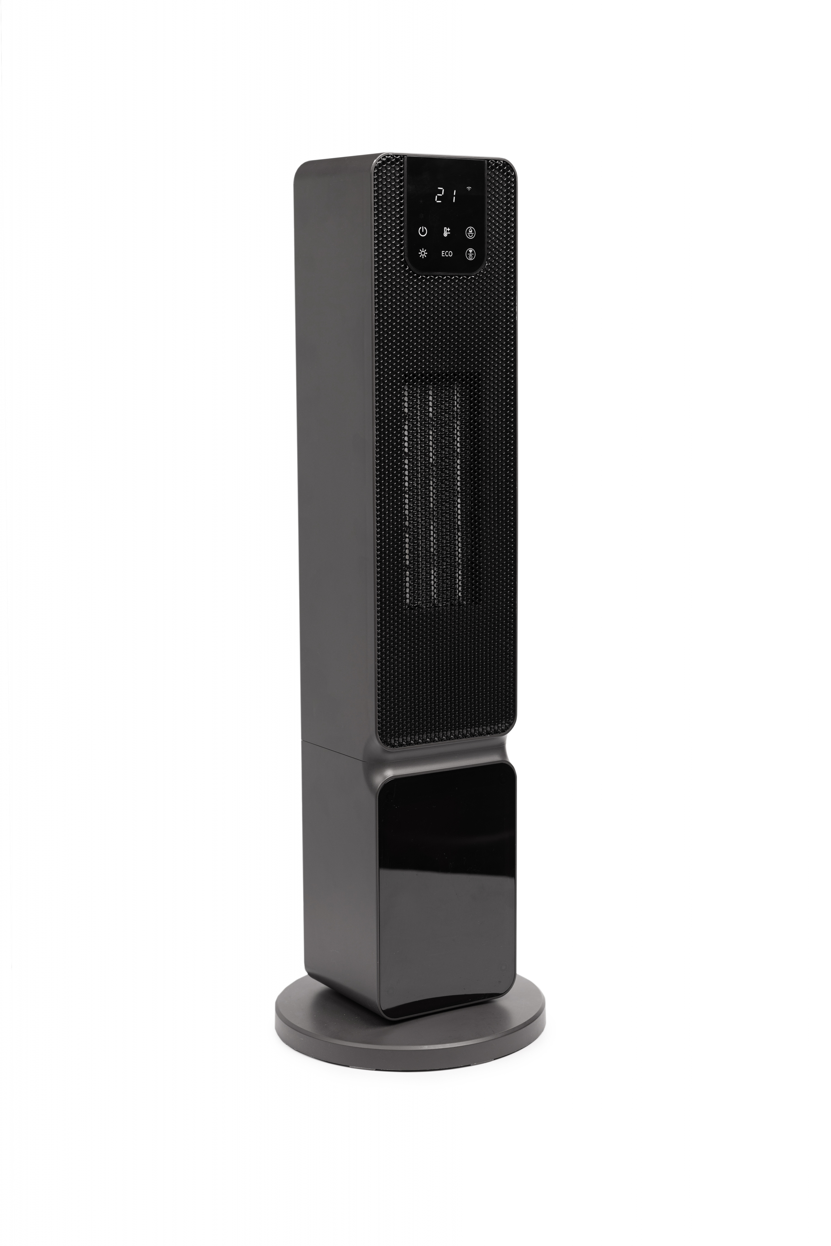 Een donkergrijze torenverwarming met een zwart mesh-front. Hij staat op een ronde voet. Het display toont '21'.