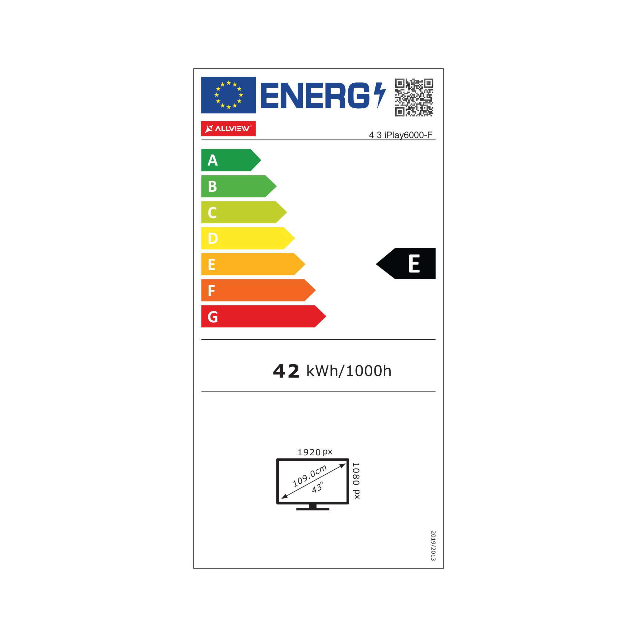 Energielabel für einen Fernseher. Es enthält Energieeffizienzklassen, Verbrauchsdetails und Display-Spezifikationen. Der Fernseher ist mit E bewertet.