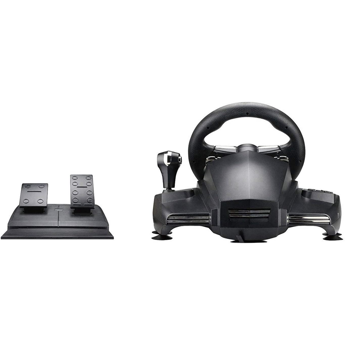 Czarna kierownica do gier z pedałami na białym tle.