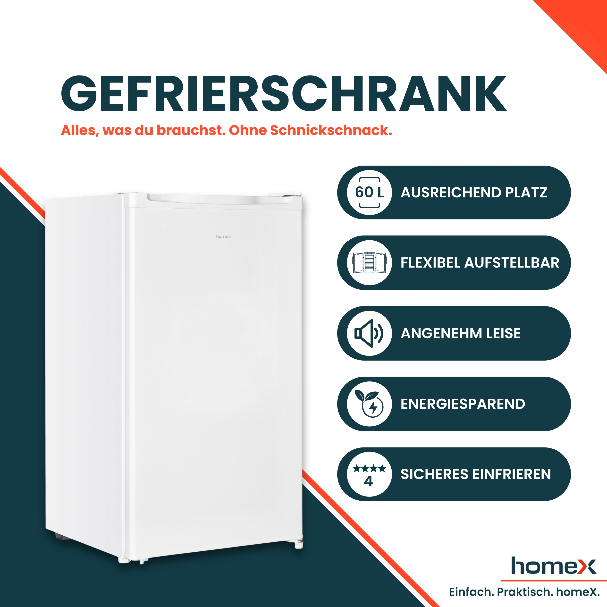 Ein weißer Gefrierschrank auf weißem Hintergrund. Er hat Funktionen wie 60L Fassungsvermögen, flexible Aufstellung und Energiesparen.