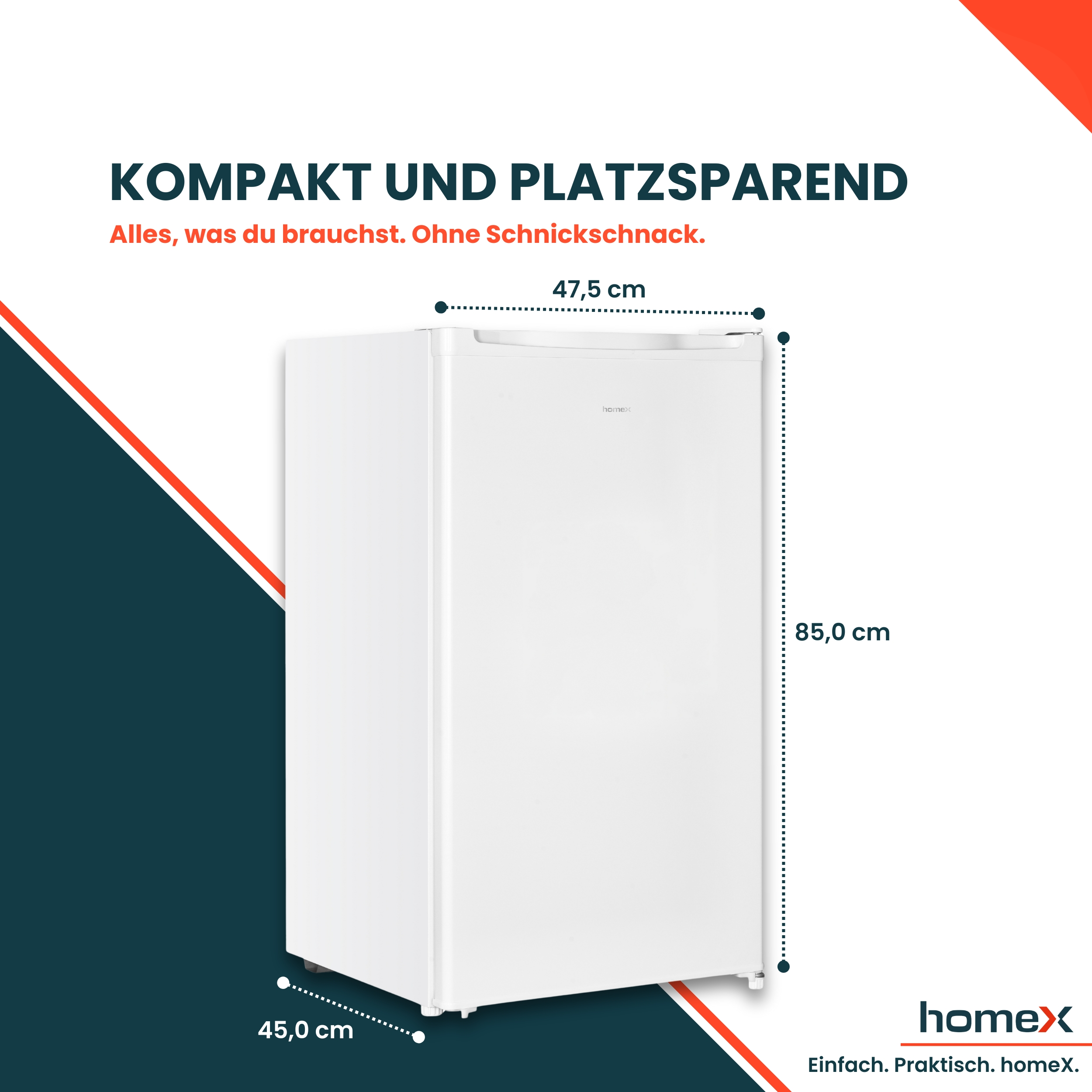 Ein weißer Kühlschrank mit Maßangaben. Text: Kompakt und platzsparend. HomeX-Logo unten rechts.