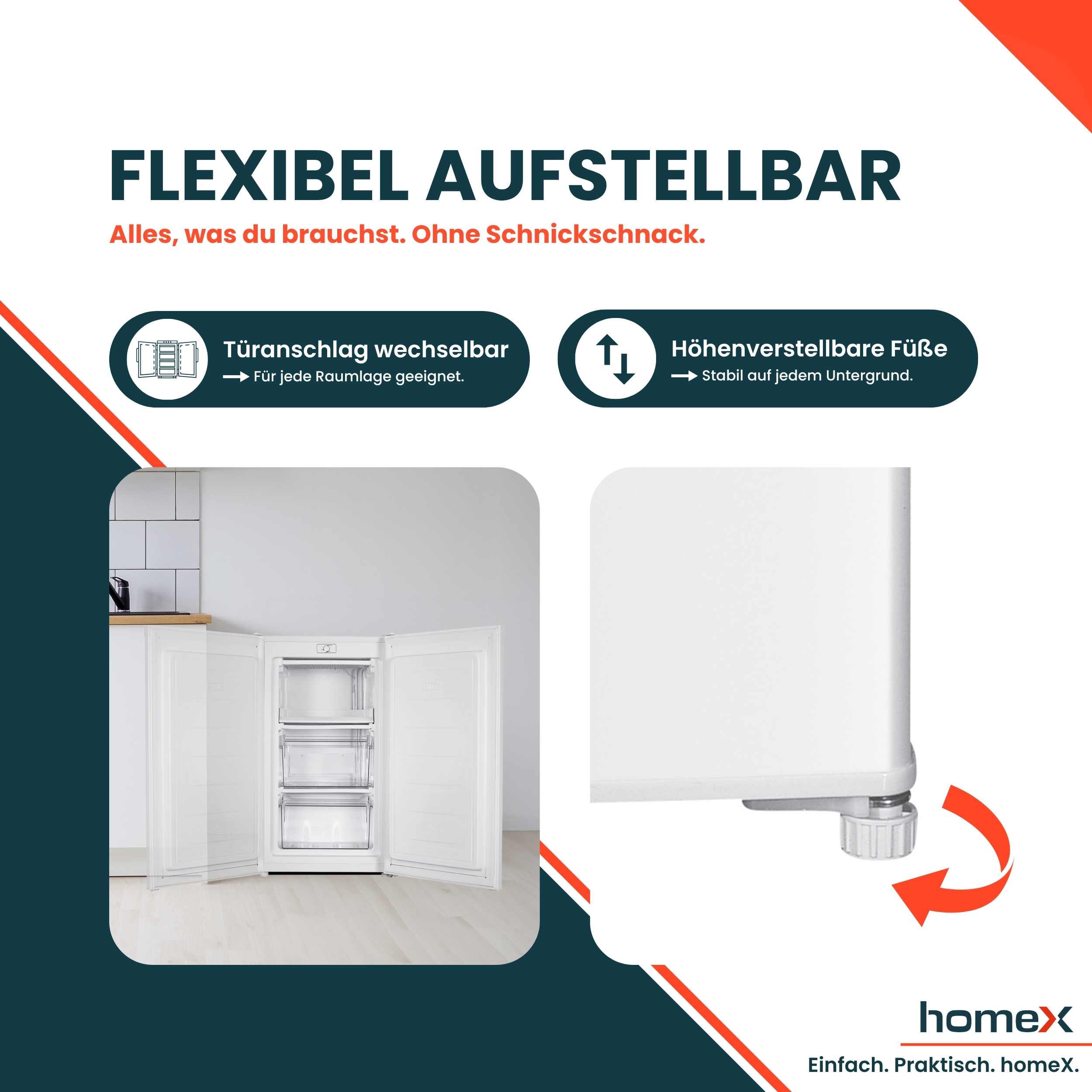 Ein weißer Kühlschrank mit offenen Türen. Text sagt 'FLEXIBEL AUFSTELLBAR' und Merkmale über Füße und Türscharniere.