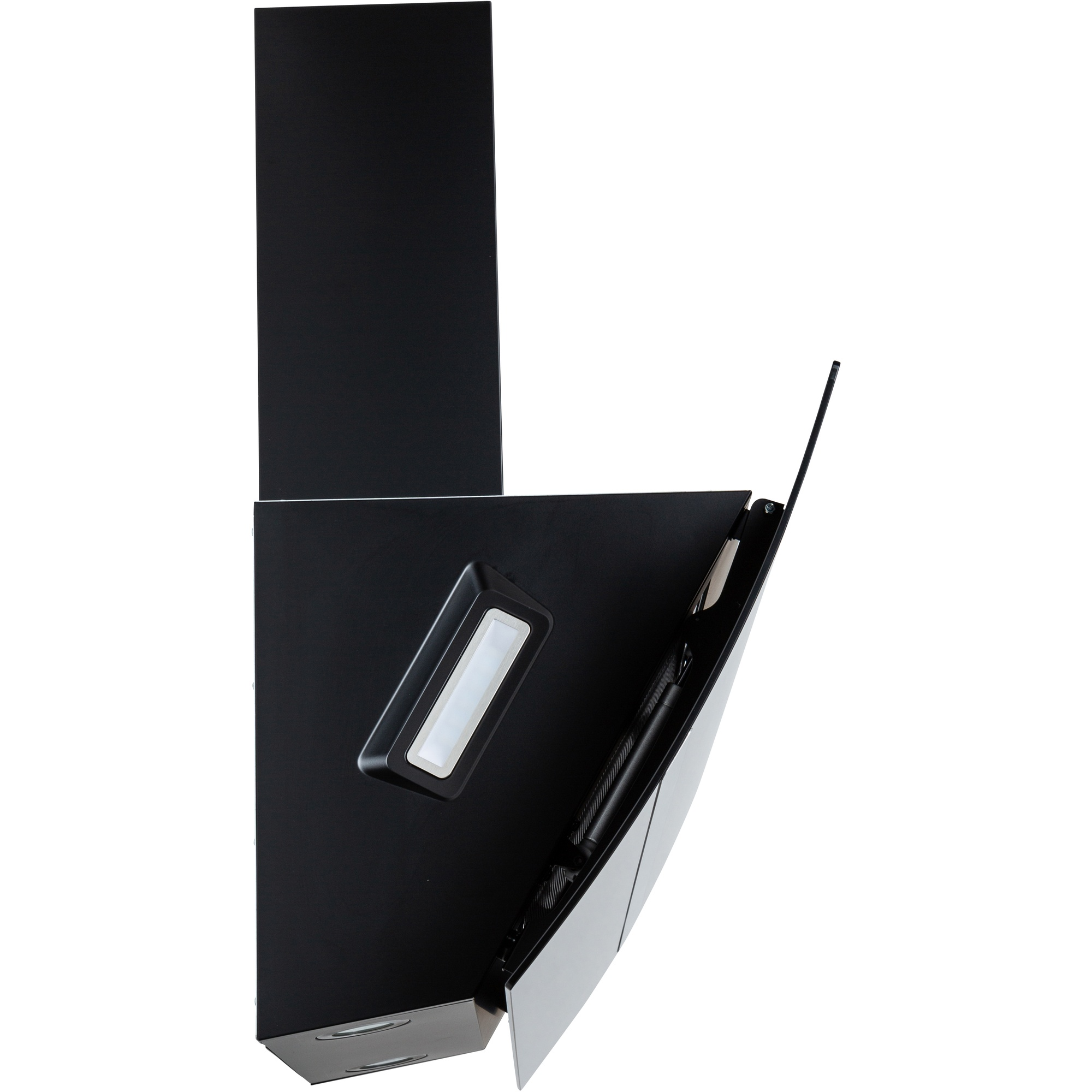 Una campana extractora de cocina negra y plateada. Tiene una luz rectangular y un panel abatible.