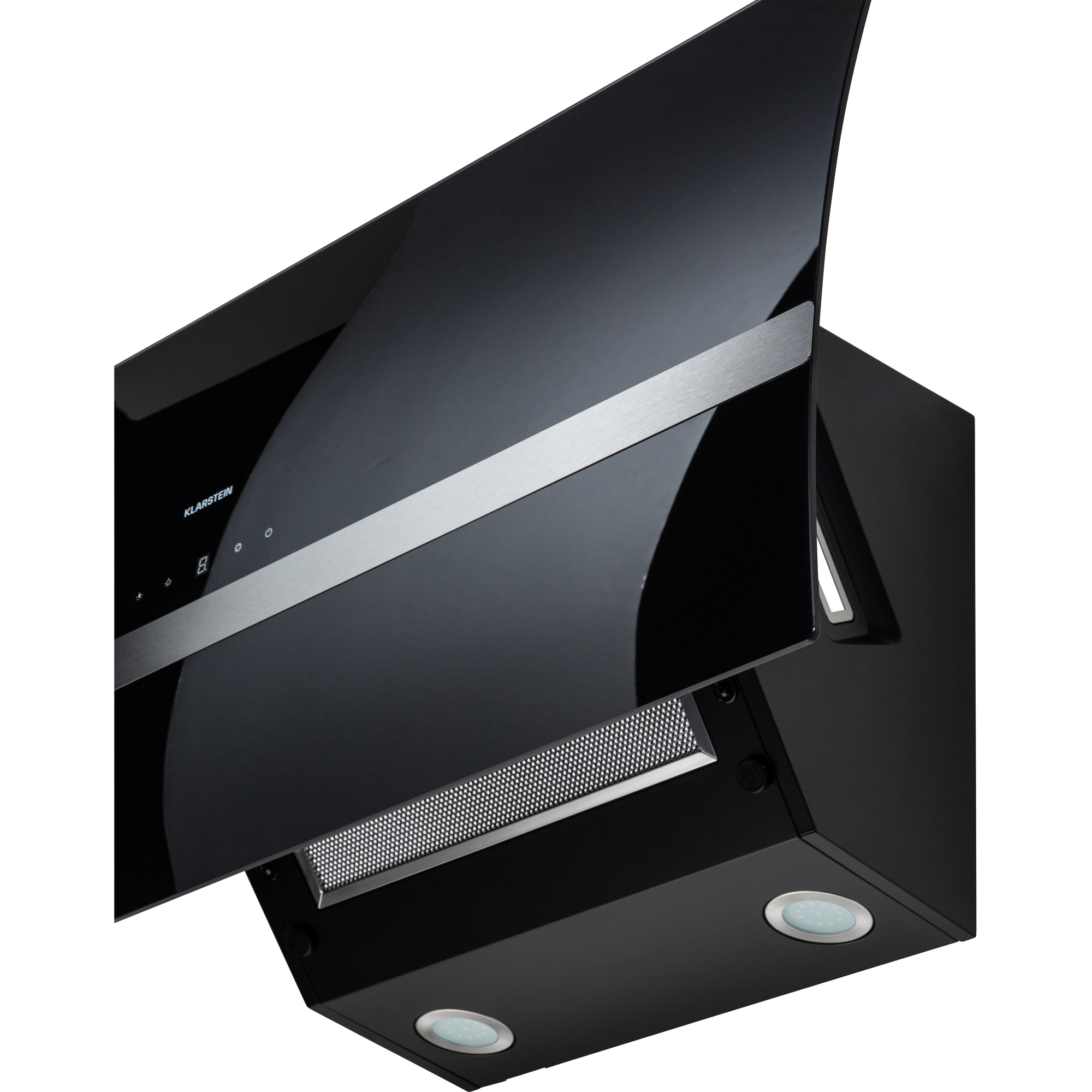 Campana extractora negra con frente de cristal y detalles metálicos. Con luces y panel de control. Aislada.