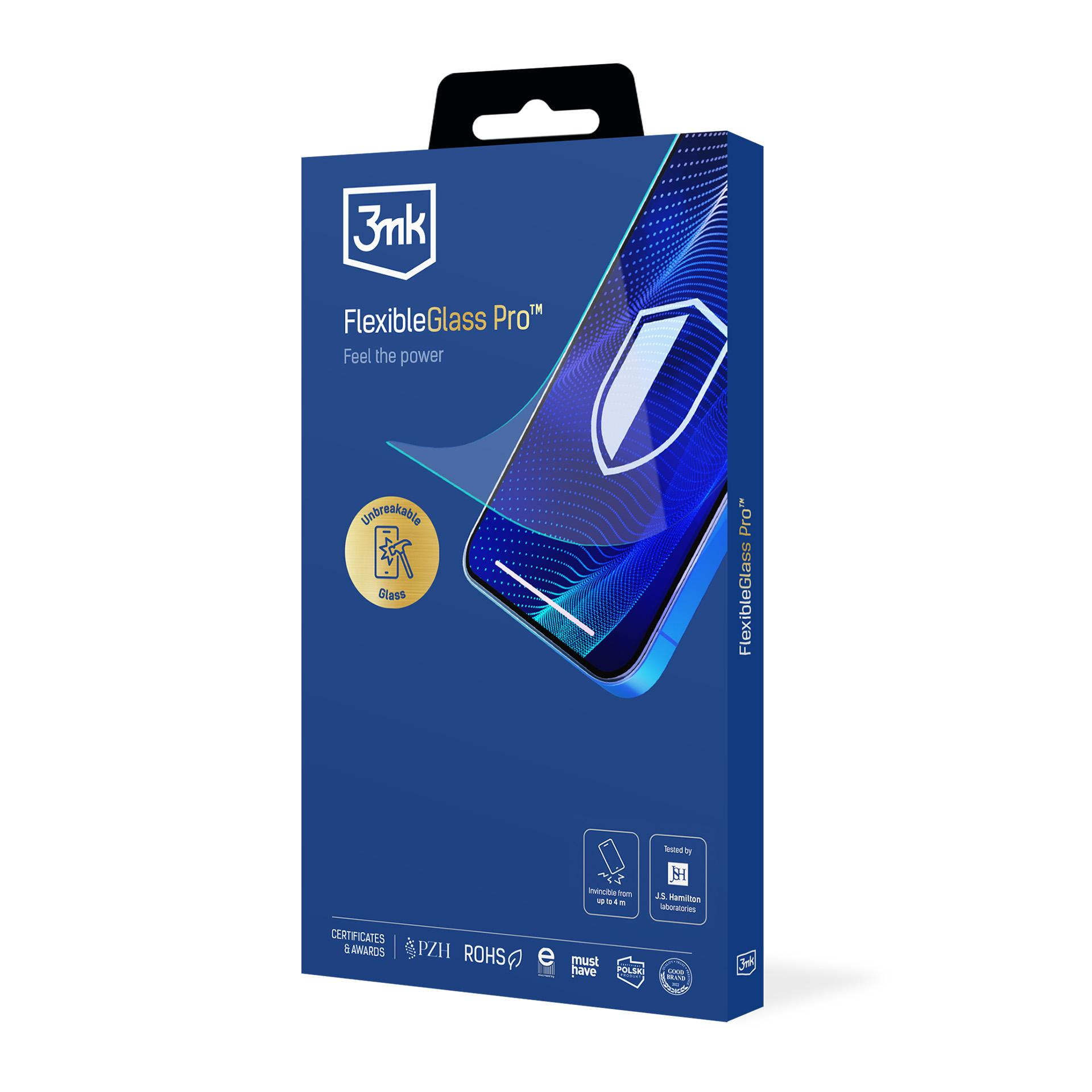 Niebieskie pudełko ze zdjęciem telefonu. Tekst zawiera FlexibleGlass Pro, logo 3mk i certyfikaty.