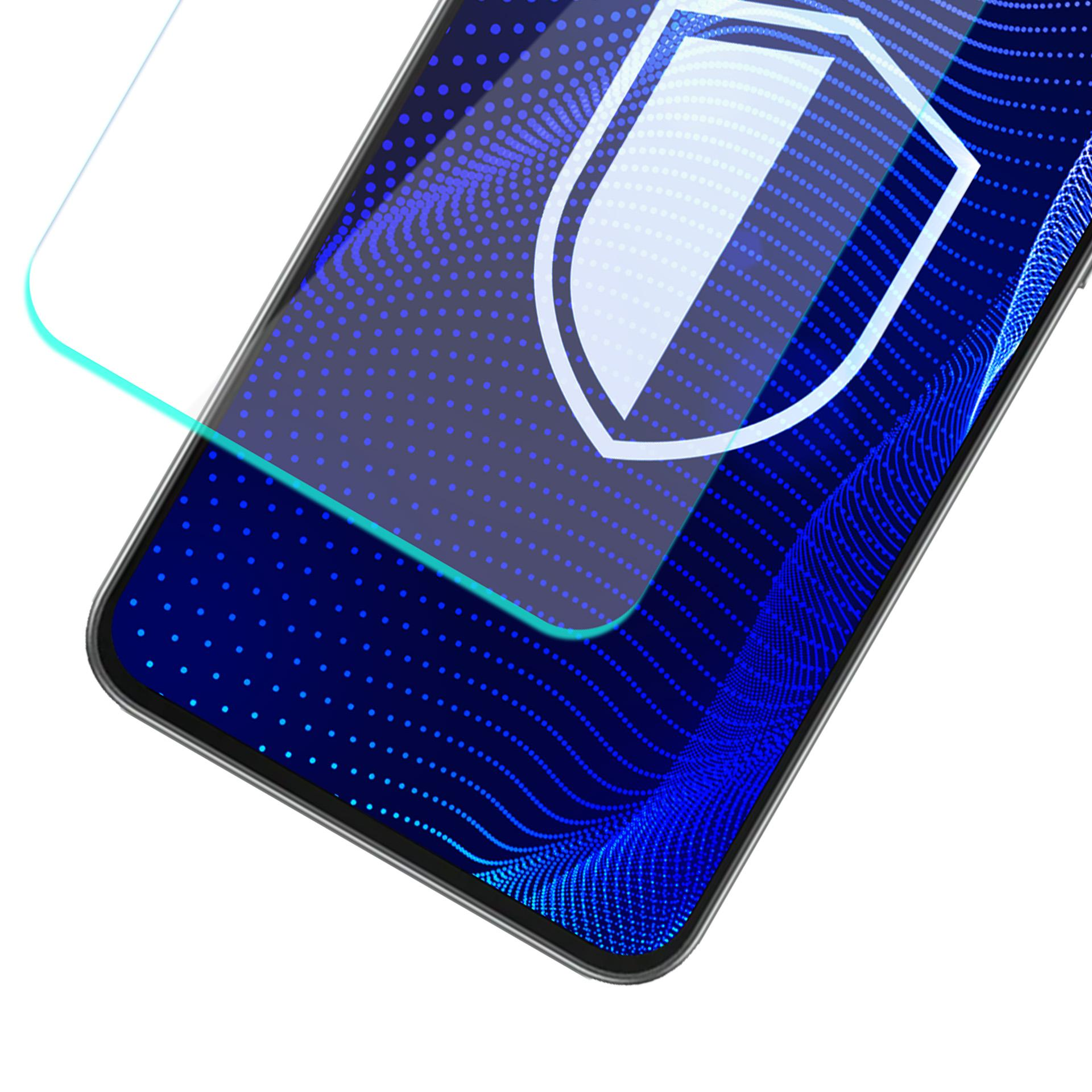 Smartfon z ochraniaczem ekranu. Ekran wyświetla niebieski, kropkowany, falisty wzór z ikoną tarczy.