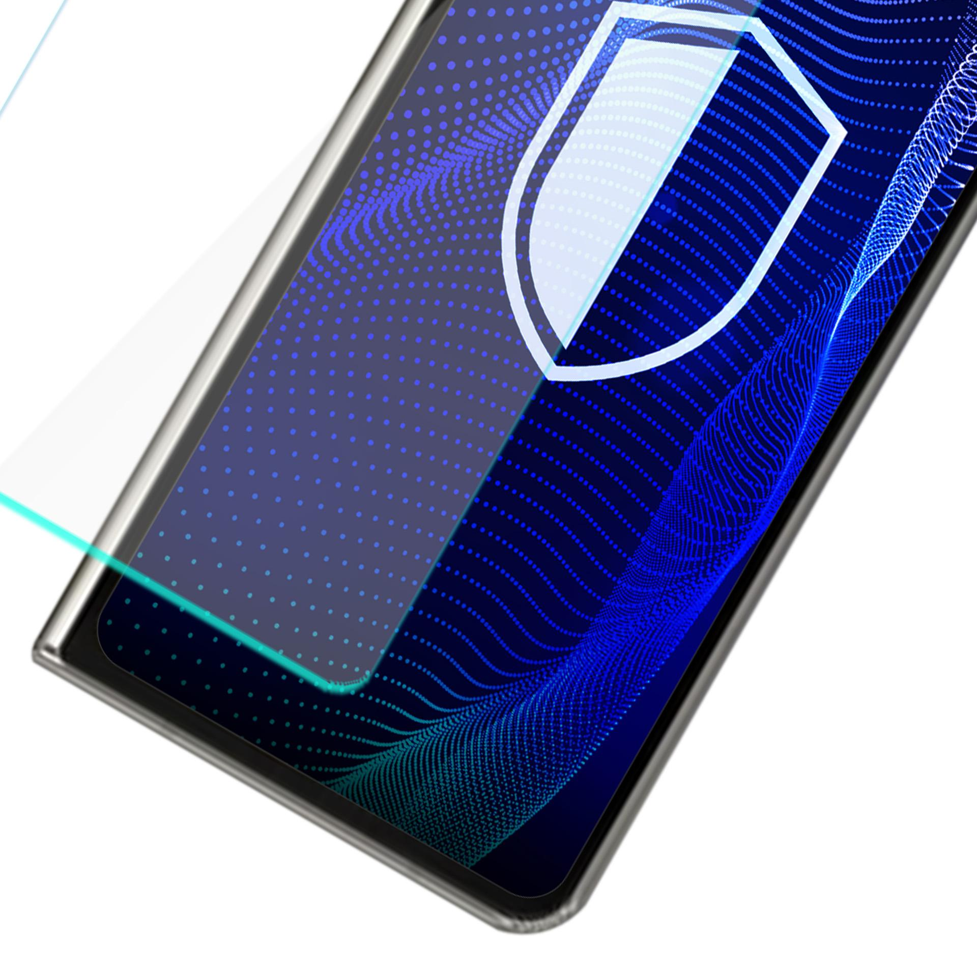 Telefon z ochraniaczem ekranu. Ekran wyświetla niebieski wzór w kropki i ikonę tarczy.