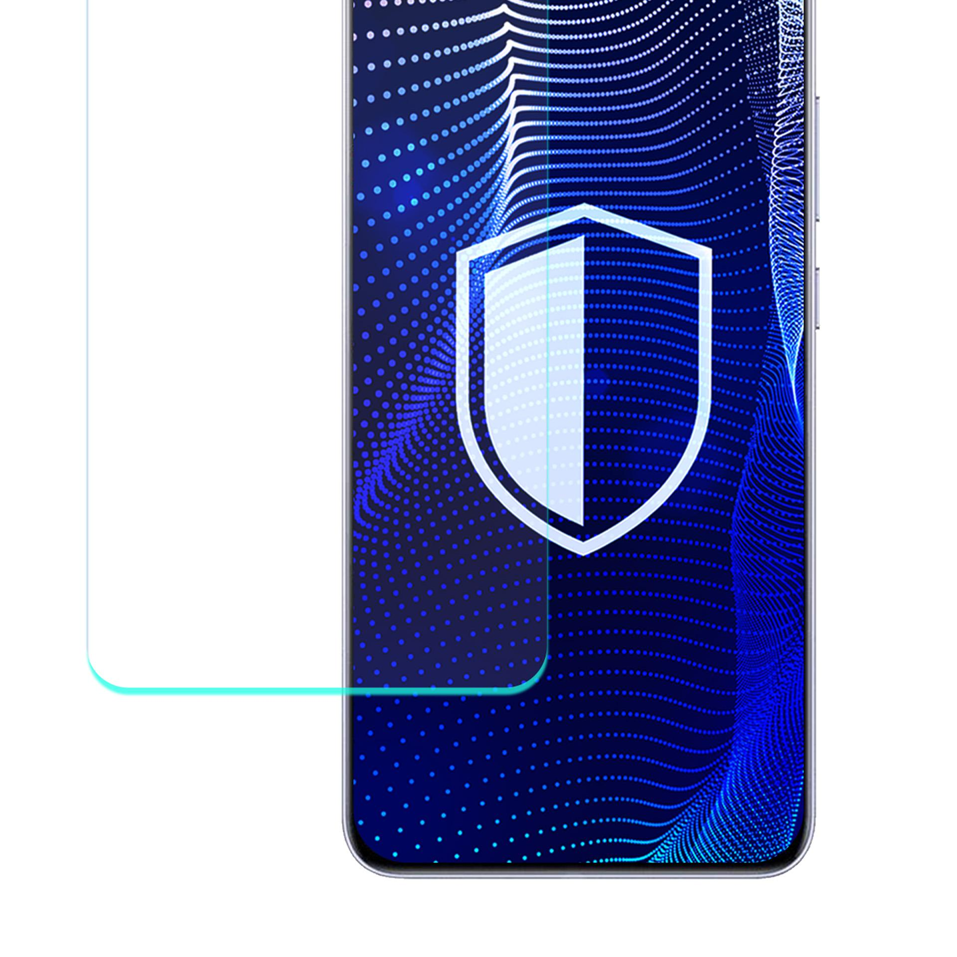Un proteggi schermo per telefono con un'icona a scudo. Lo sfondo è un motivo ondulato blu a pois.