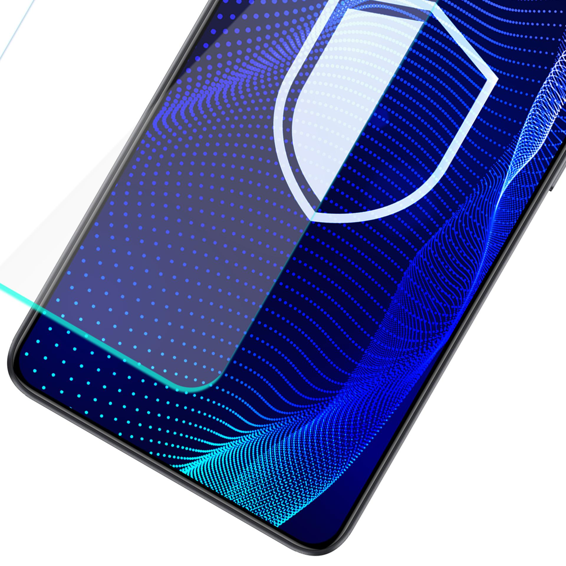 Ekran telefonu z niebieskim wzorem kropek, białą ikoną tarczy i folią ochronną.