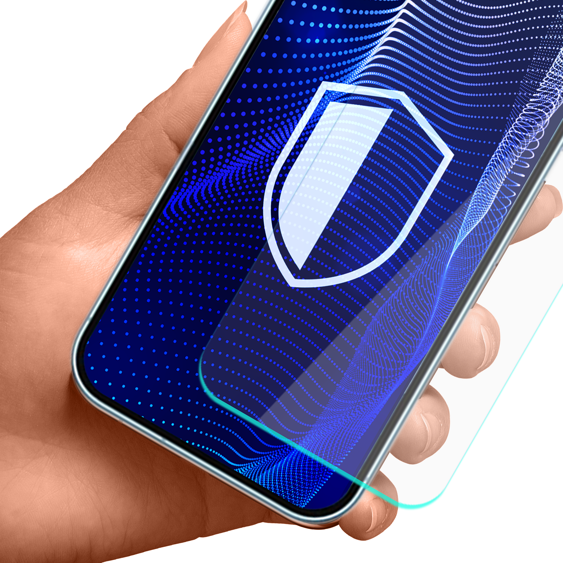 Dłoń trzyma smartfon z ochraniaczem ekranu. Ekran pokazuje grafikę tarczy z niebieskim, kropkowanym tłem.