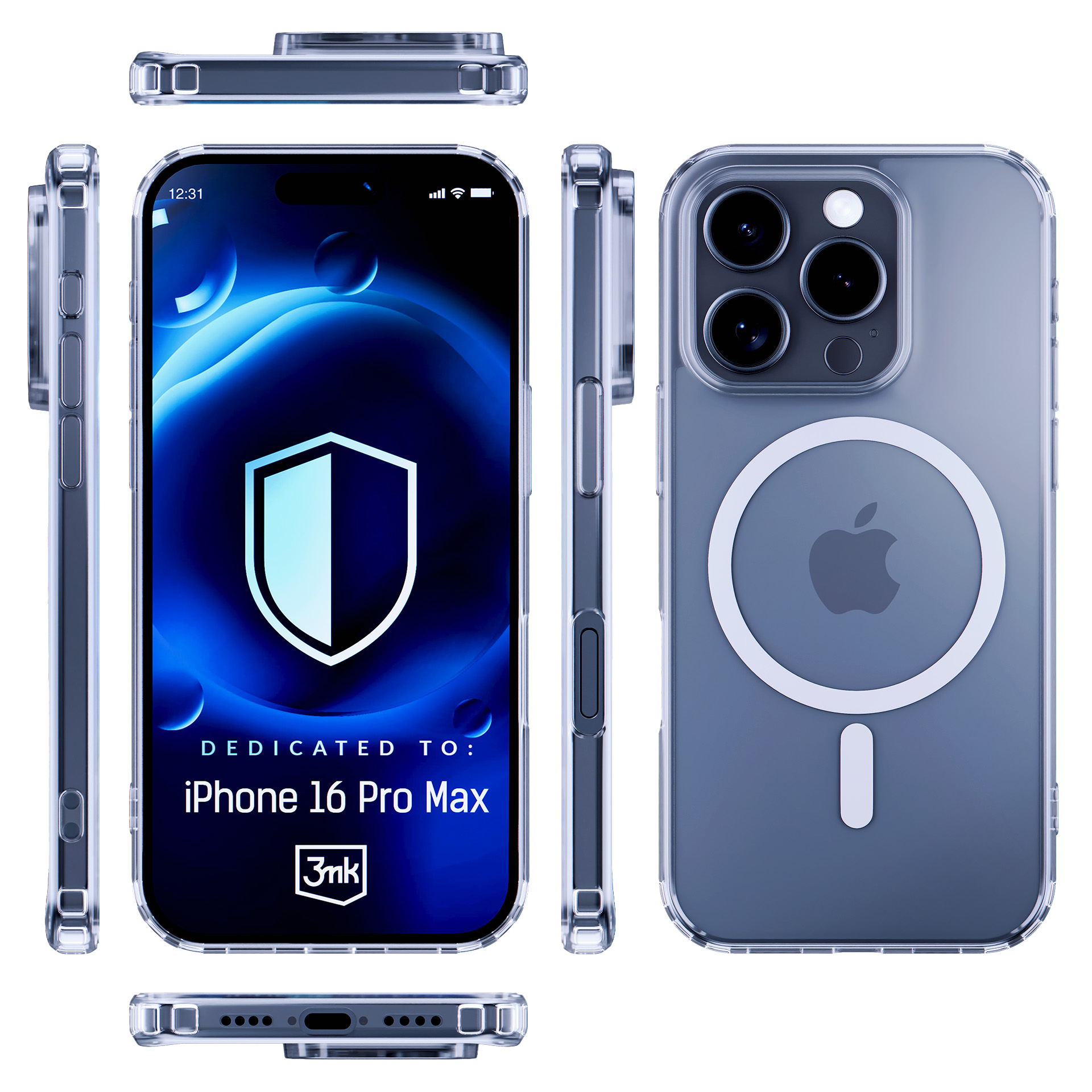 Un iPhone 16 Pro Max in una custodia trasparente. Il telefono è circondato da più angolazioni che mostrano la custodia e il telefono.