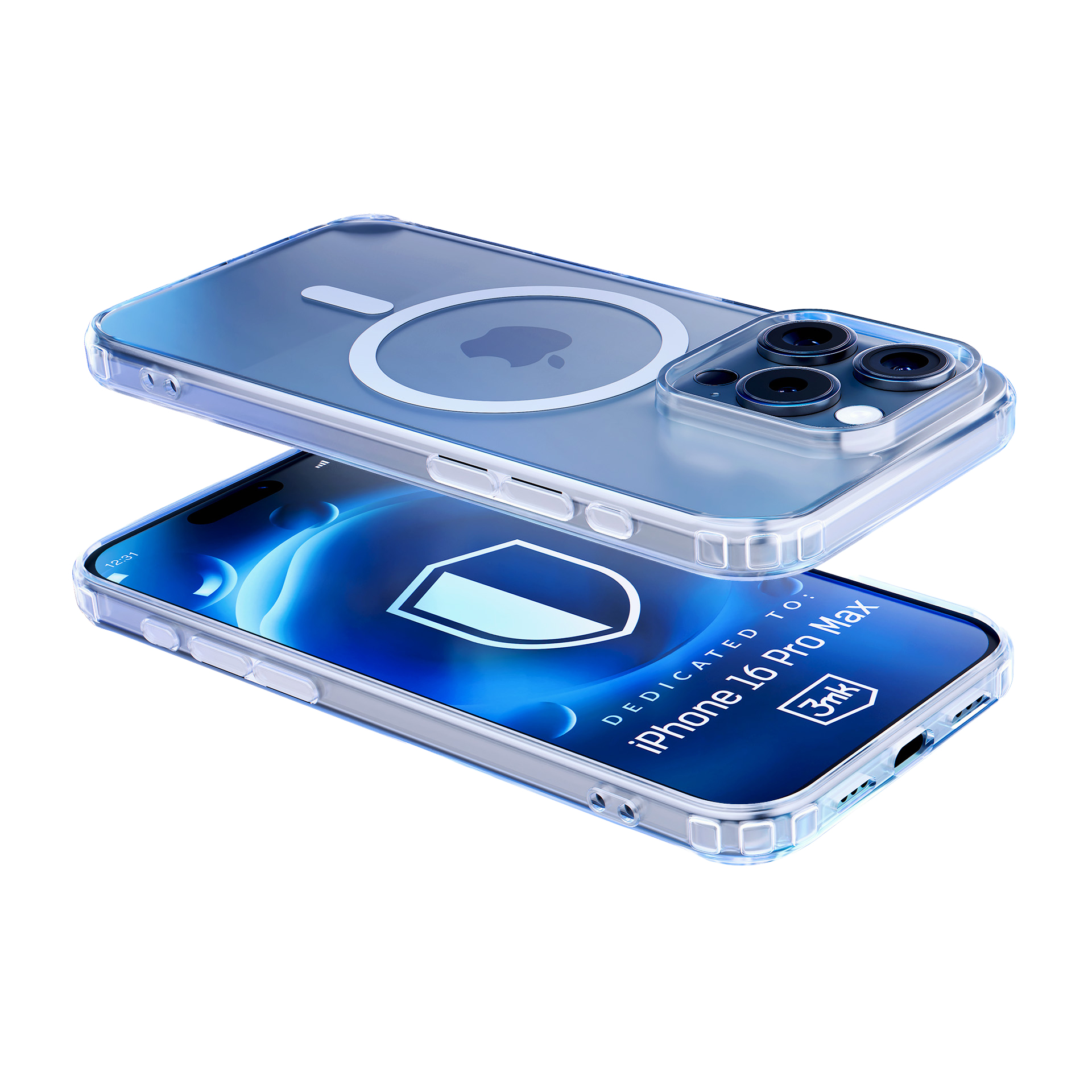Due iPhone 16 Pro Max con custodie trasparenti. Uno mostra uno schermo con un logo scudo.