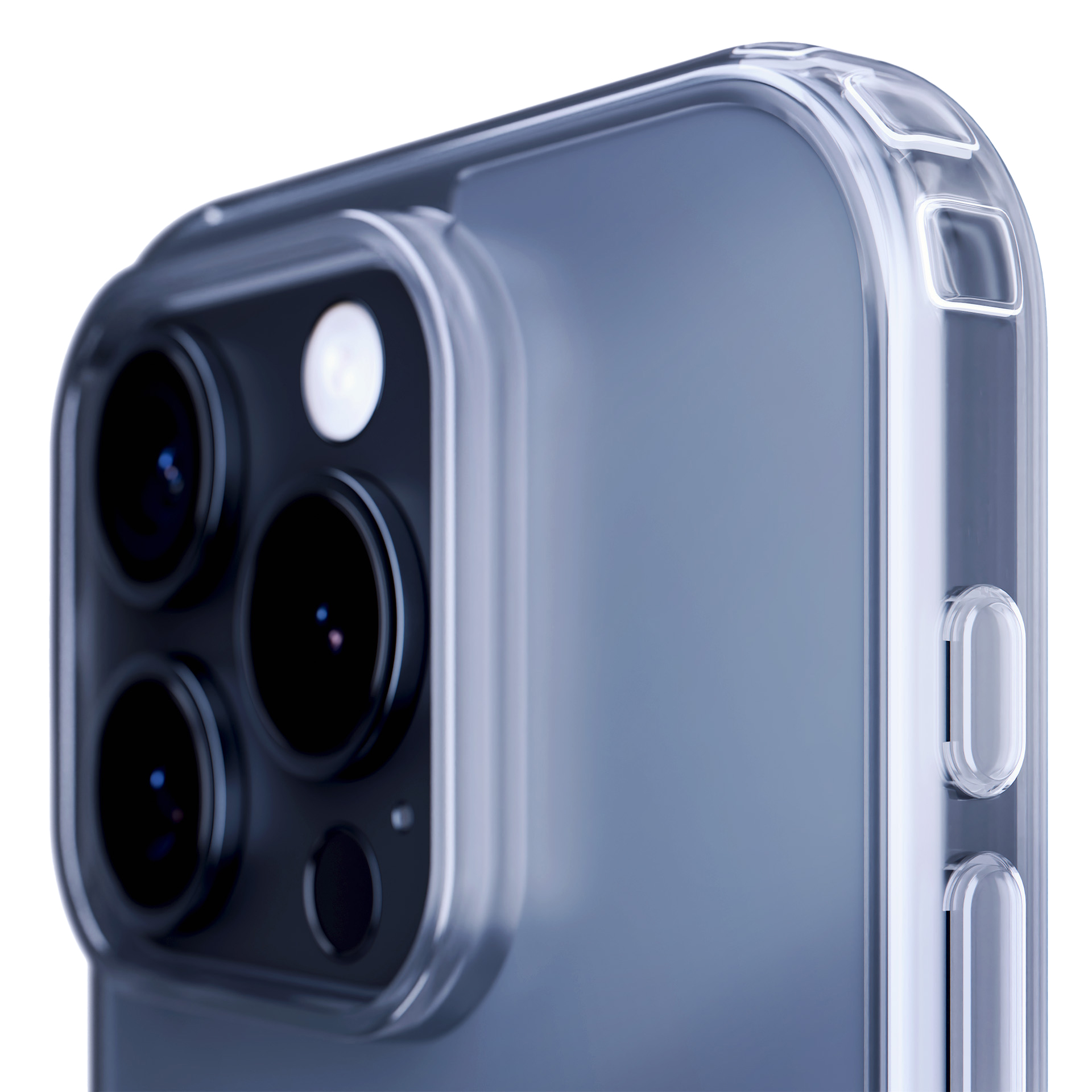 Primo piano di uno smartphone con custodia trasparente. Obiettivi della fotocamera visibili con riflesso di luce.