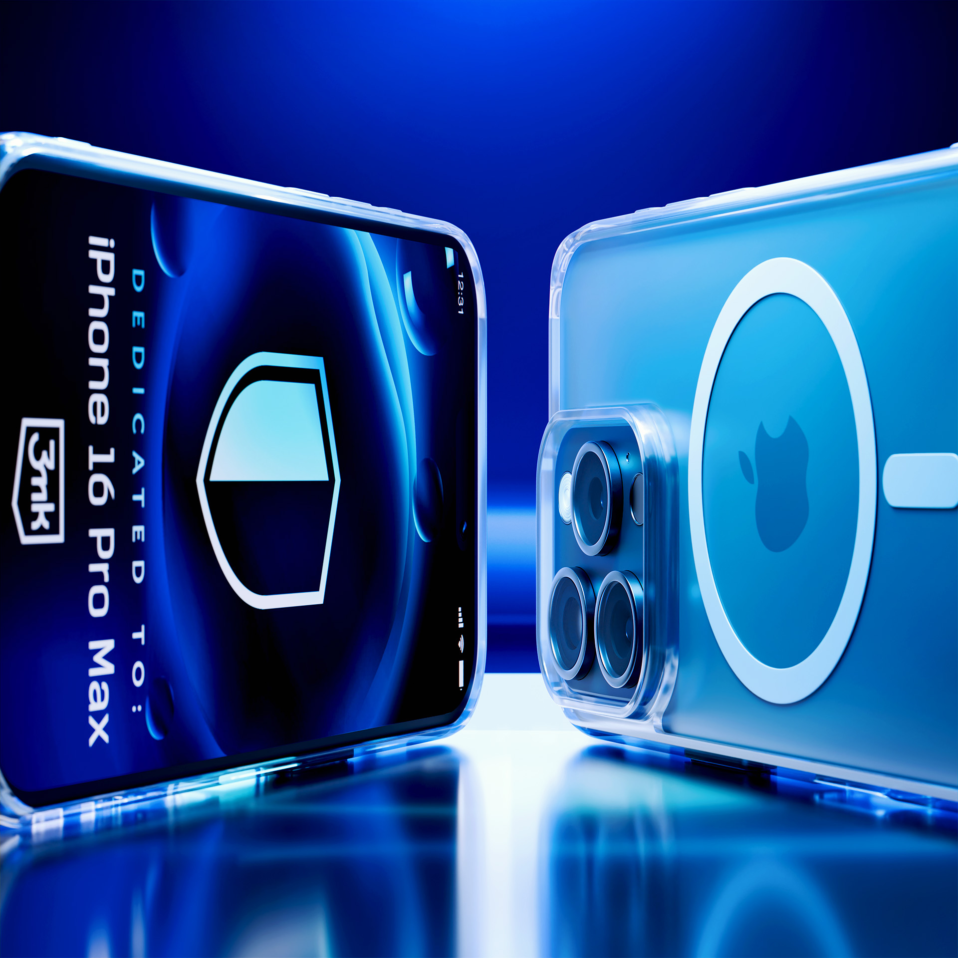 Vengono visualizzati due smartphone, iPhone 16 Pro Max. Uno schermo mostra un logo. Il retro dell'altro telefono ha il logo Apple e le fotocamere.