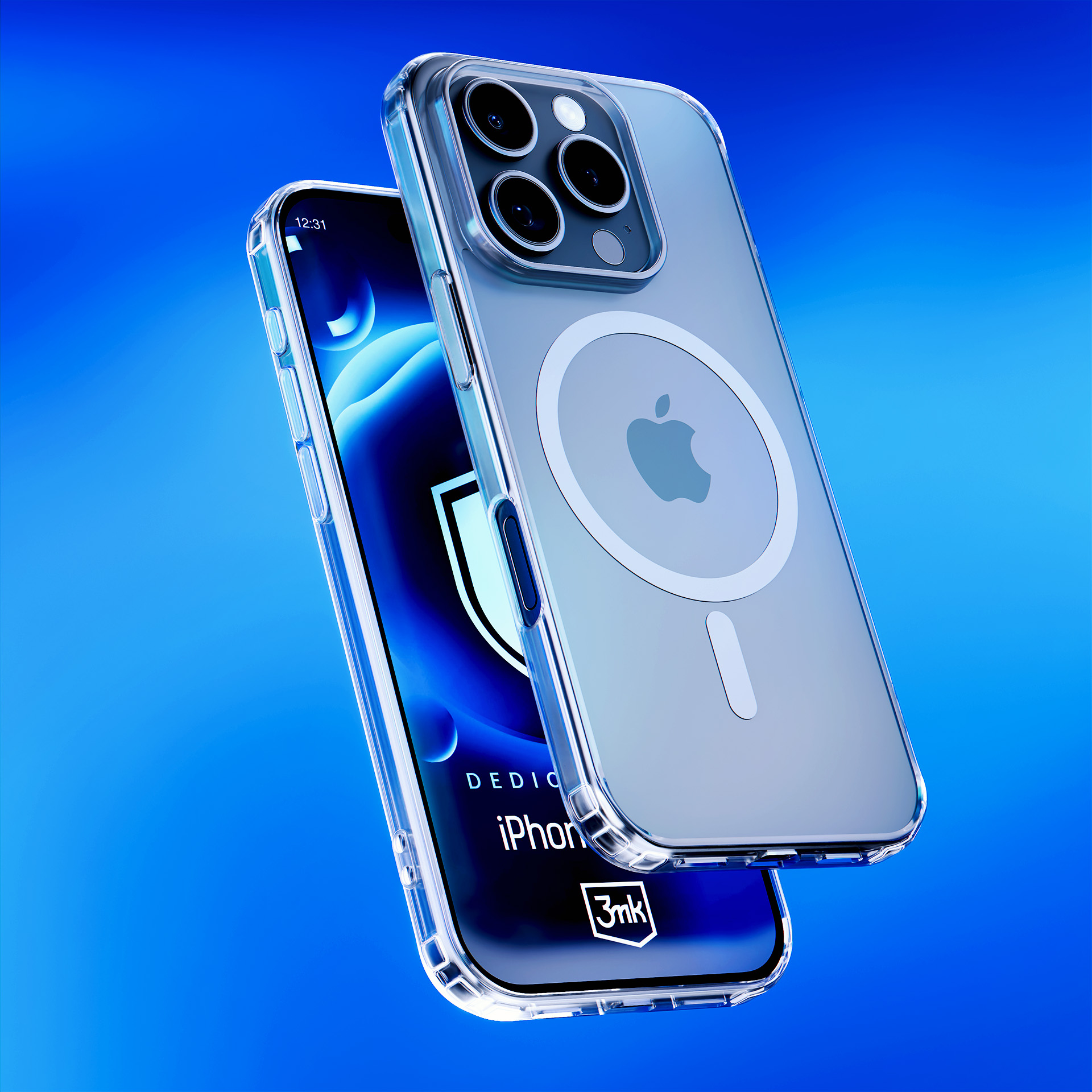 Due iPhone in custodie trasparenti, uno con schermo. Logo Apple sul retro, sfondo blu.