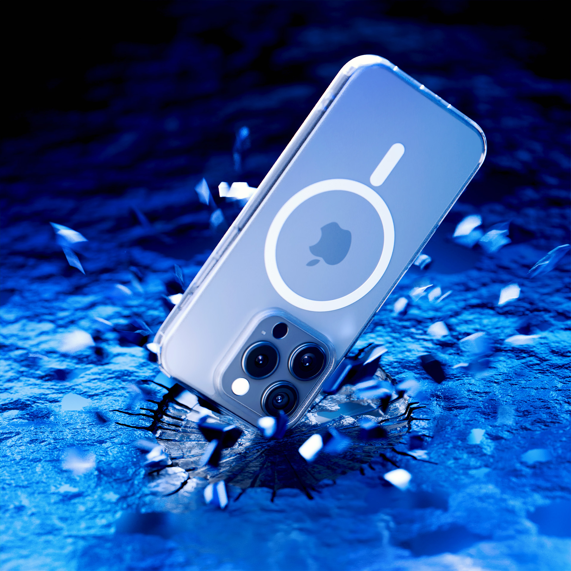 Un iPhone con custodia sta sfondando una superficie blu. Il logo Apple è visibile sulla custodia.