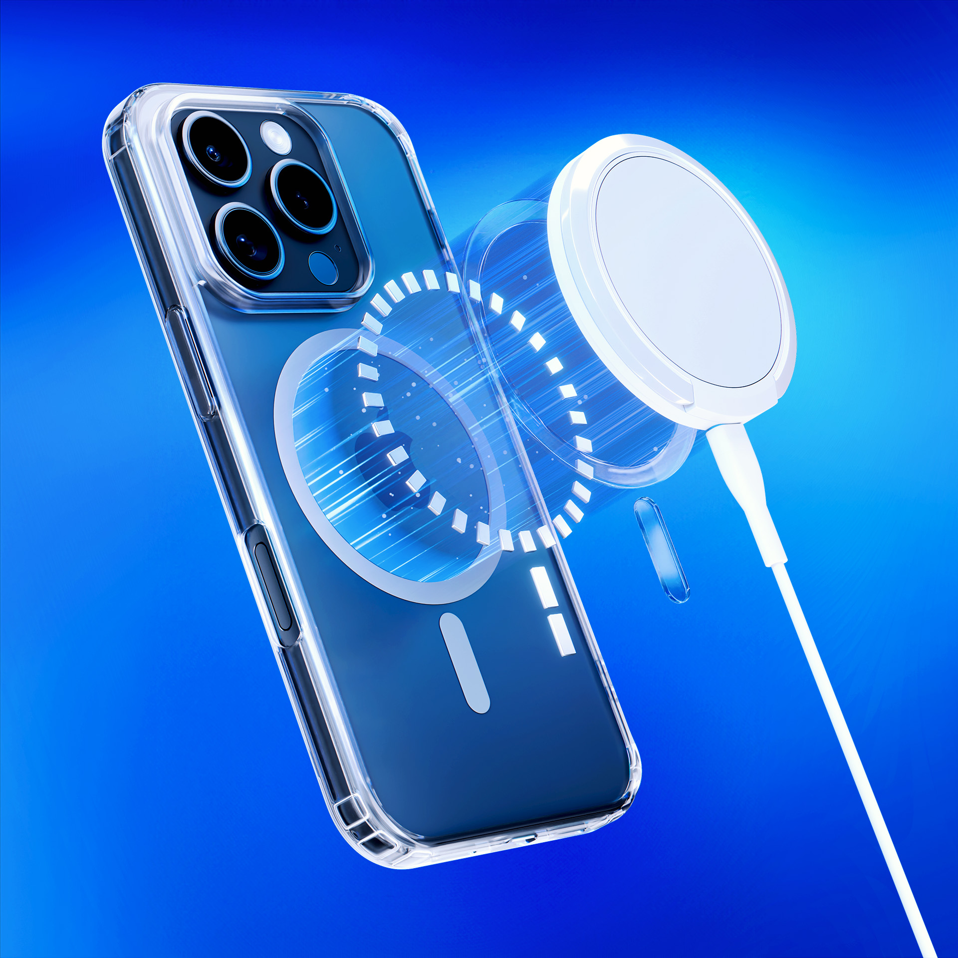Custodia trasparente per telefono con caricabatterie MagSafe. L'iPhone è visibile attraverso la custodia. Sfondo blu.