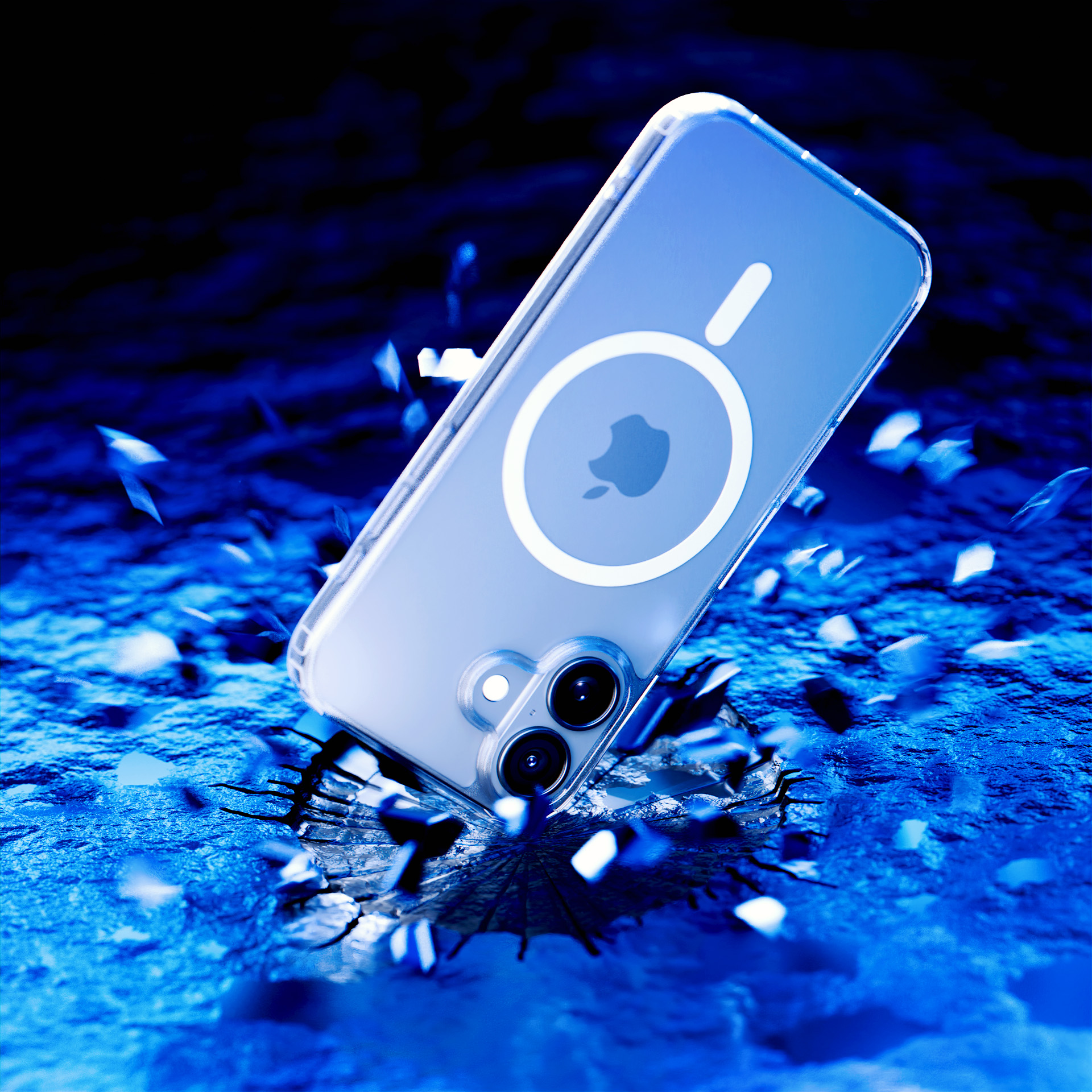 iPhone w przezroczystym etui z logo Apple przebija niebieską powierzchnię, wokół rozsypane odłamki.