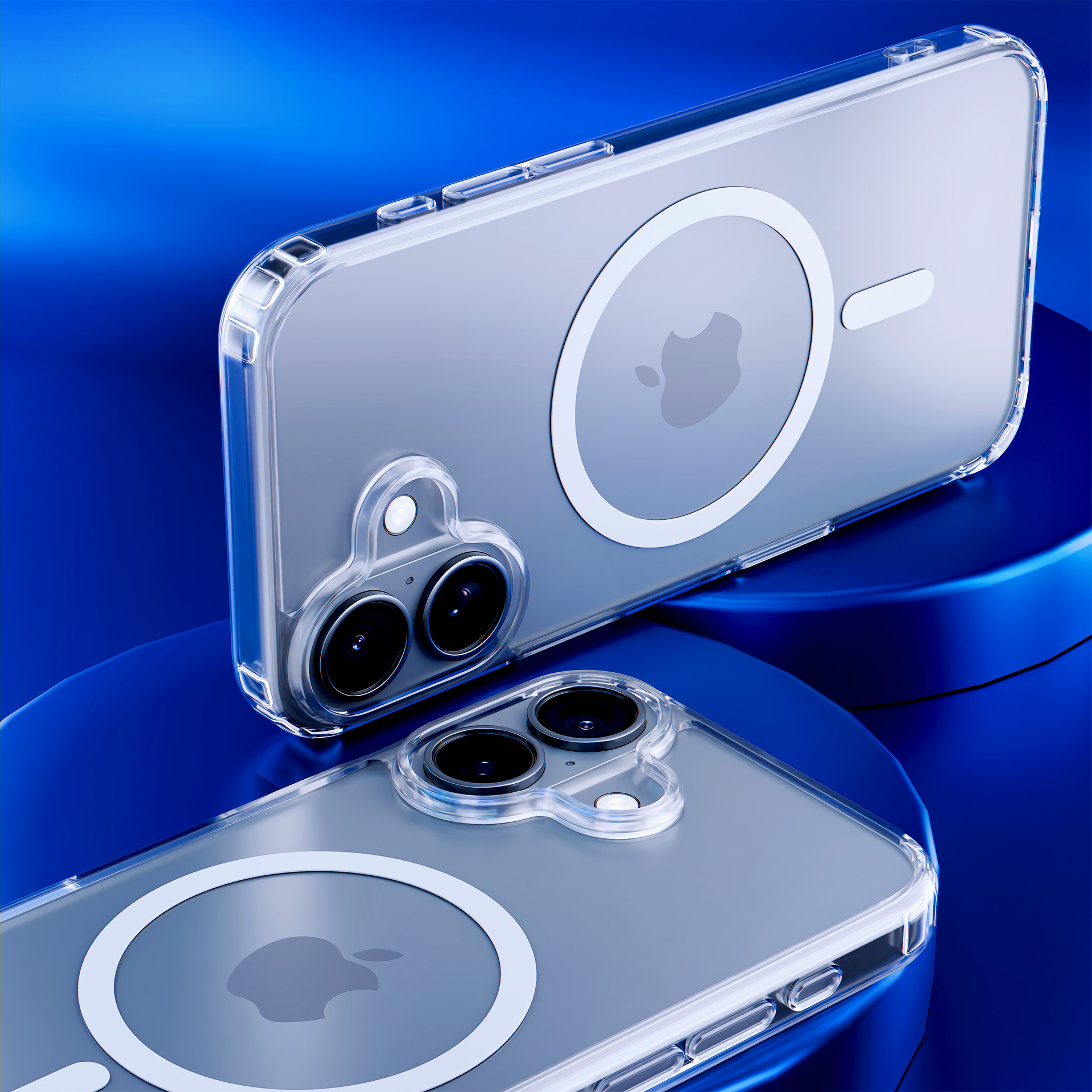 Dwa przezroczyste etui na telefon na niebieskim tle. Etui pokazują logo Apple i wycięcia na aparat.