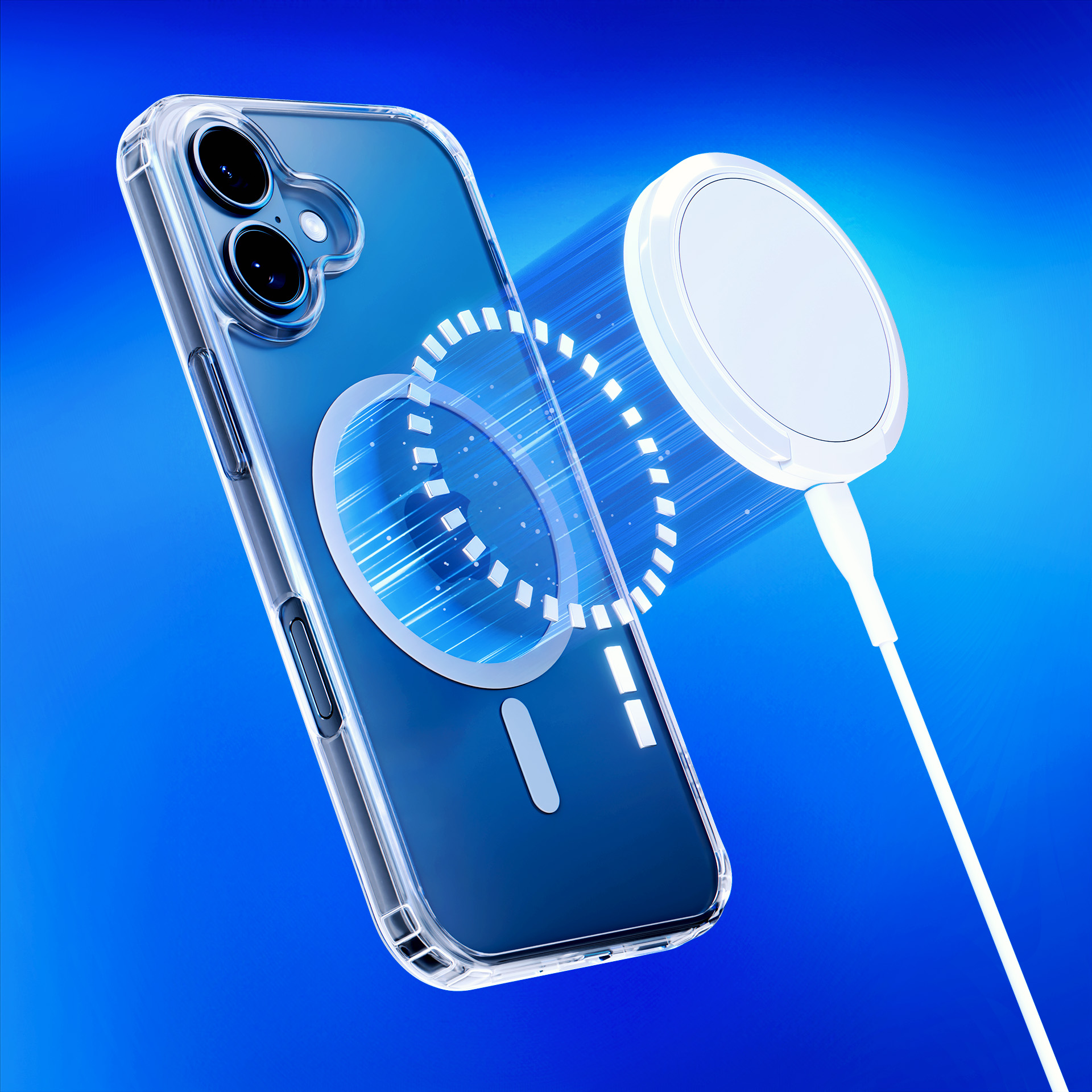 Przezroczyste etui na telefon z telefonem w środku i ładowarką magnetyczną. Niebieskie tło. Biały kabel i ładowarka. Telefon ma soczewki aparatu.