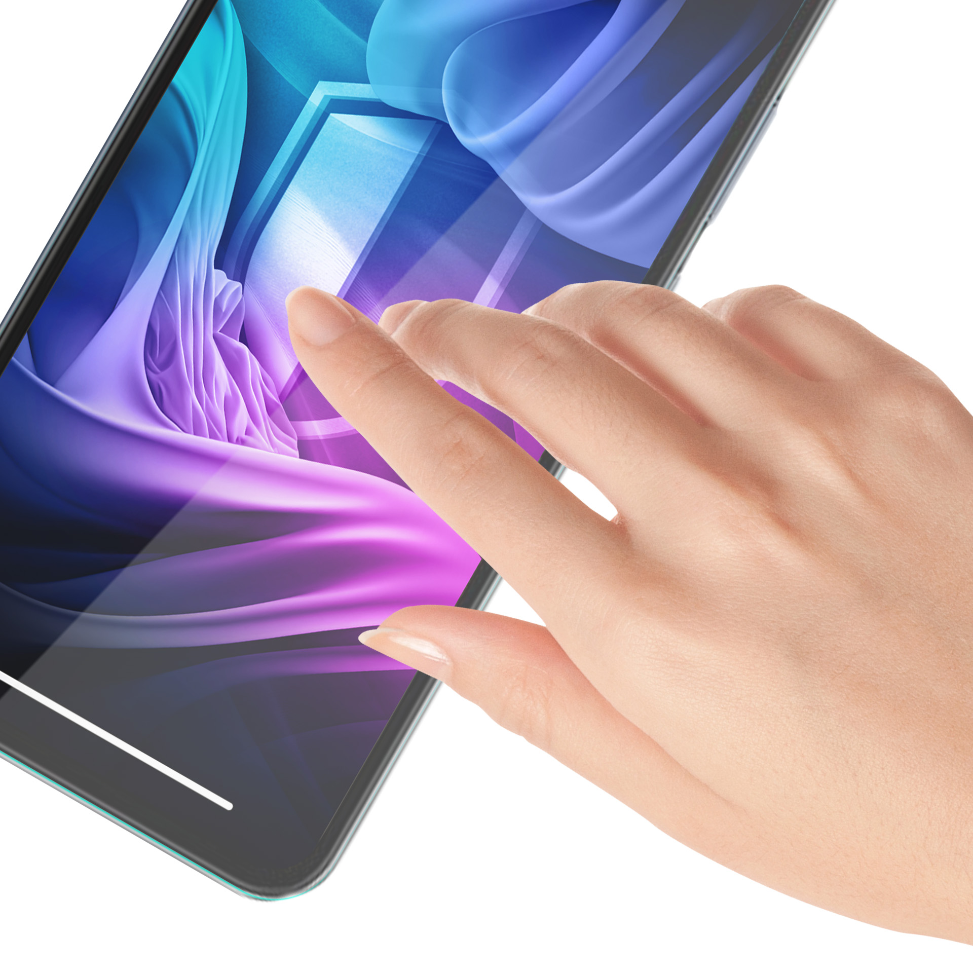 Una mano tocca lo schermo di un telefono. Lo schermo mostra un design astratto colorato. Lo sfondo è bianco.