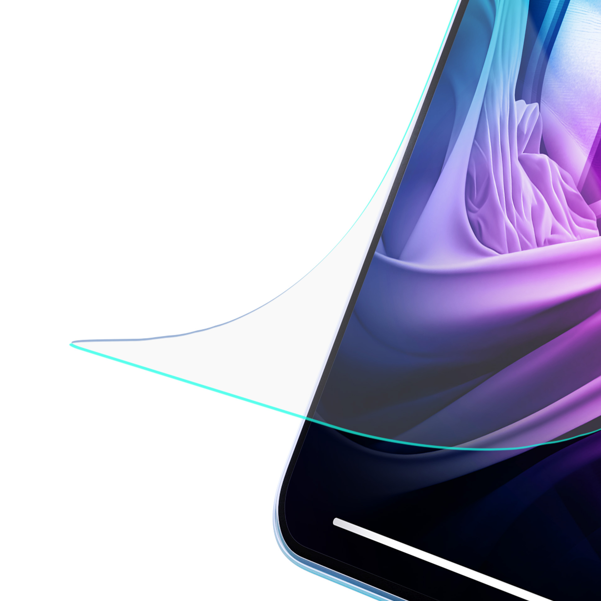 Abstrakcyjny obraz przedstawiający zakrzywiony ekran z gradientowym tłem w kolorze niebieskim, fioletowym i białym. Ekran ma cienki niebieski kontur.