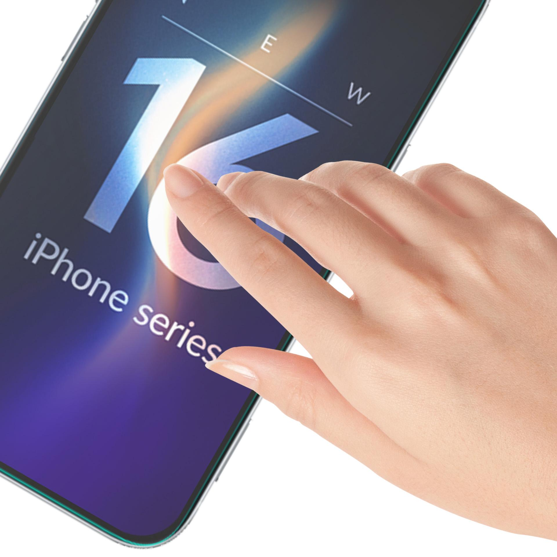 Mano che tocca lo schermo di un iPhone con il numero 16 e la scritta 'iPhone series'.