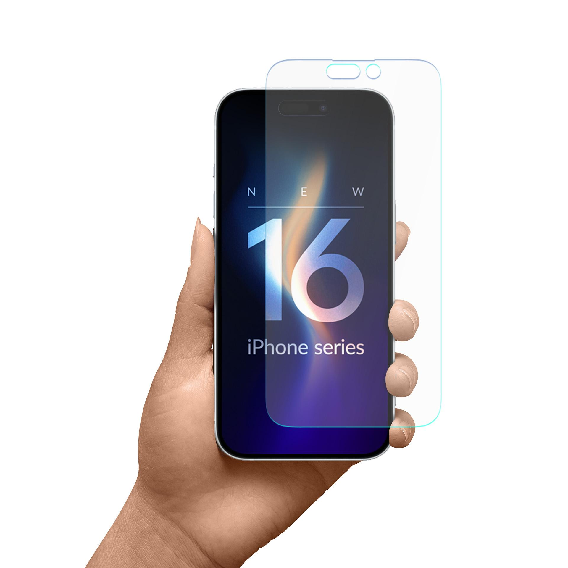 Una mano tiene un telefono con protezione schermo. Lo schermo mostra '16' e 'iPhone series'.