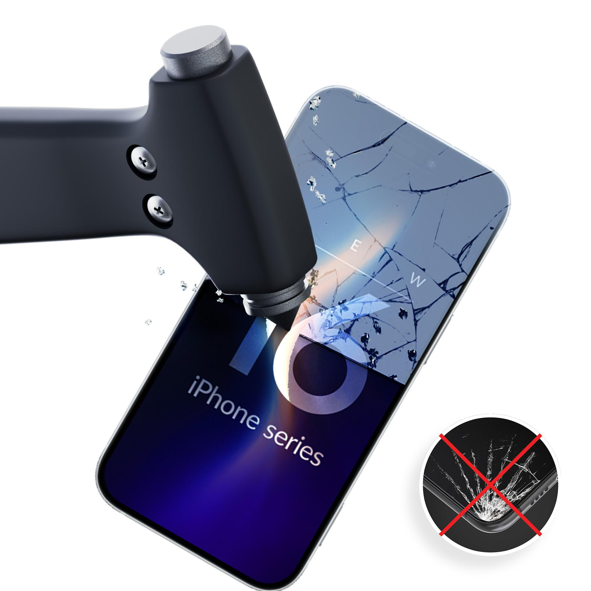 Un telefono viene colpito da uno strumento, lo schermo è rotto. Viene mostrata una serie di iPhone.