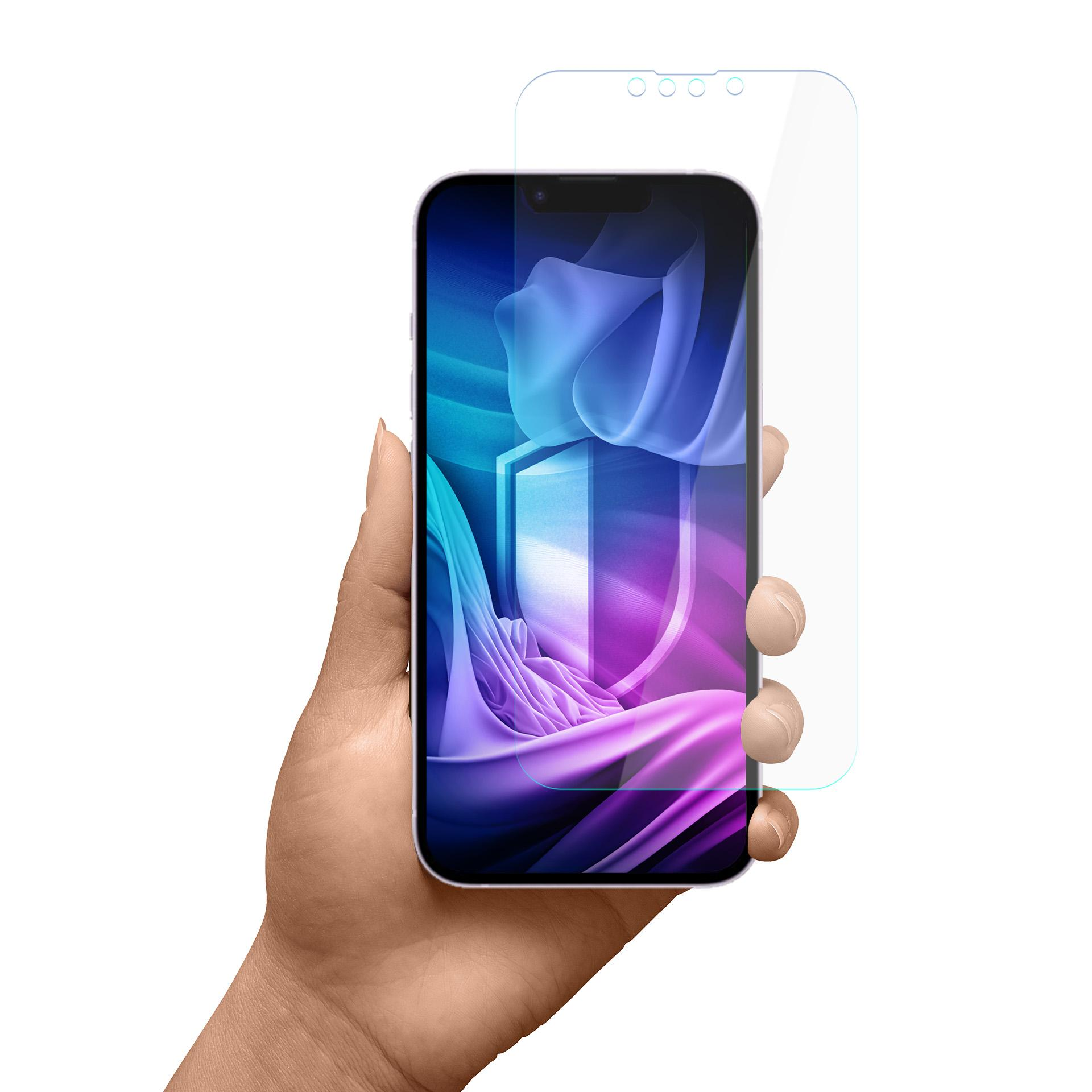 Dłoń trzyma telefon z ochraniaczem ekranu. Ekran wyświetla niebieską, fioletową i białą sztukę abstrakcyjną.